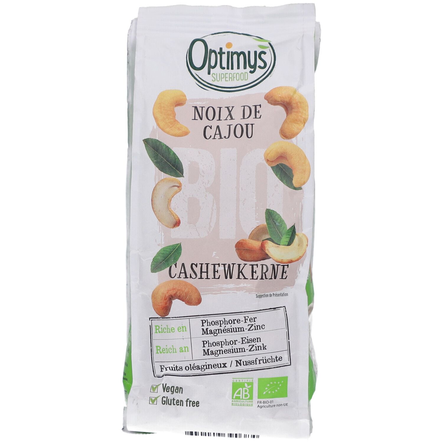 Face avant emballage OPTIMYS Cashewkerne Bio. Illustrations de noix, label bio, texte en allemand, français.