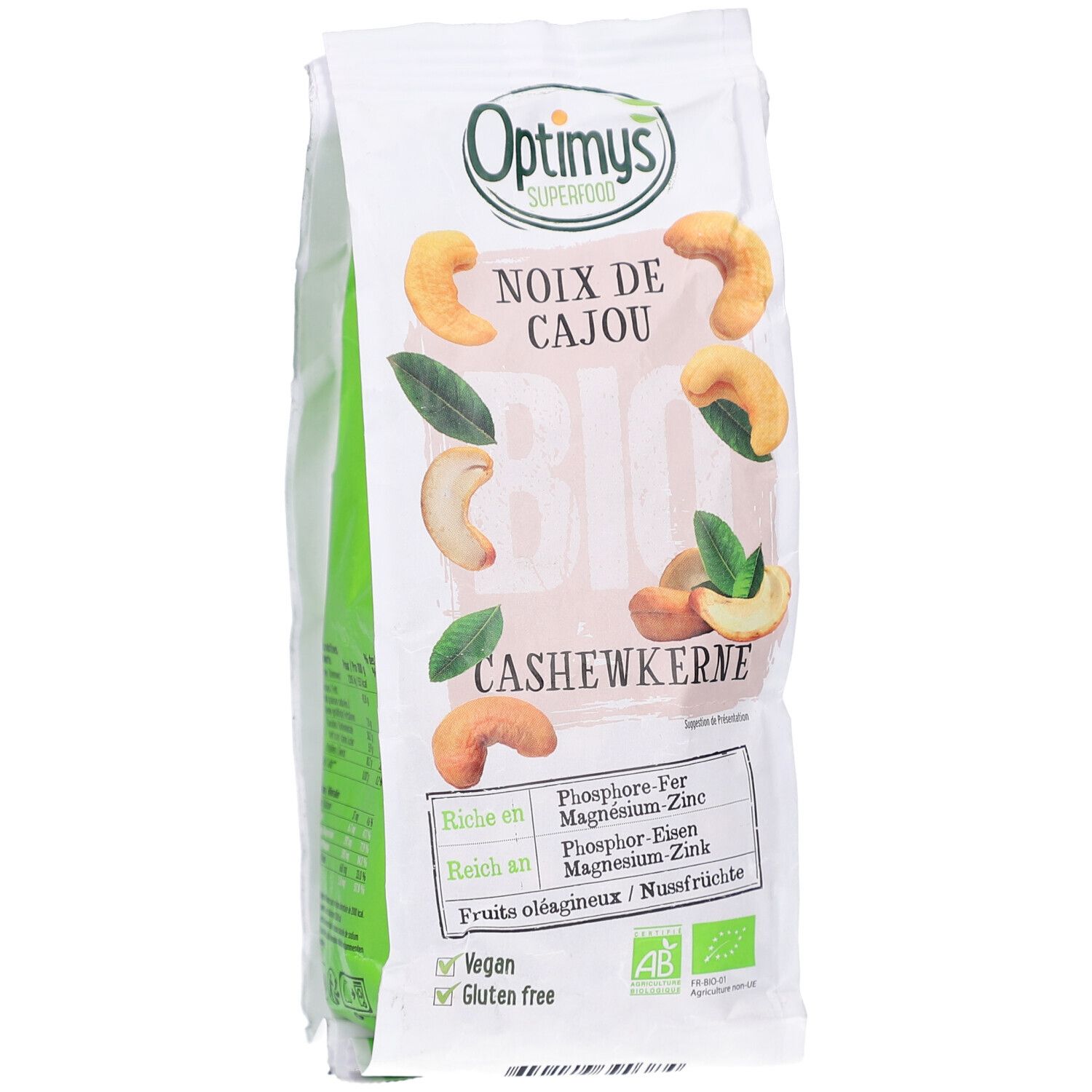 Face avant emballage OPTIMYS Cashewkerne Bio. Illustrations de noix, label bio, texte en allemand, français.