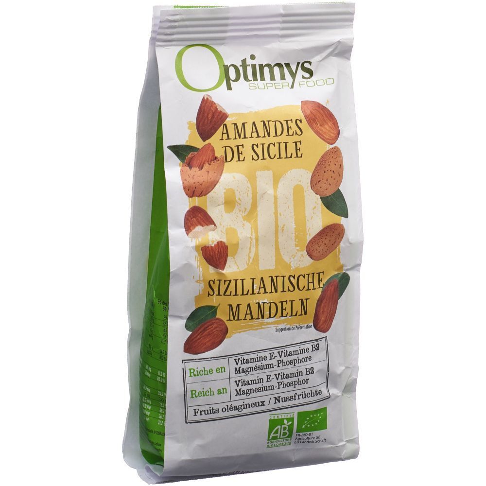 Beutel mit Mandeln. Aufschrift: Optimys, BIO, Sizilianische Mandeln. Enthält Vitamin E, B3, Magnesium, Phosphor. AB-Bio-Siegel.