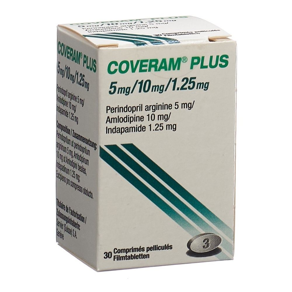 Karton COVERAM plus Filmtabl. 5/10/1.25mg Ds. 30 Stk. Weißer Karton mit grüner und blauer Beschriftung. Produktname und Dosierung sichtbar.