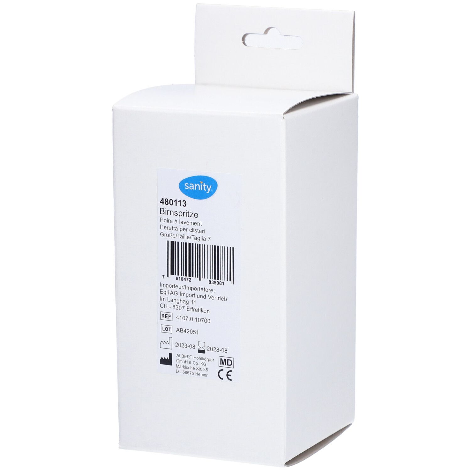 Weiße Produktverpackung mit blauer Marke. Text: Sanity, Ohrspritze, Größe 7. Barcode, Chargen- und Verfallsdatum. CE-Kennzeichnung.