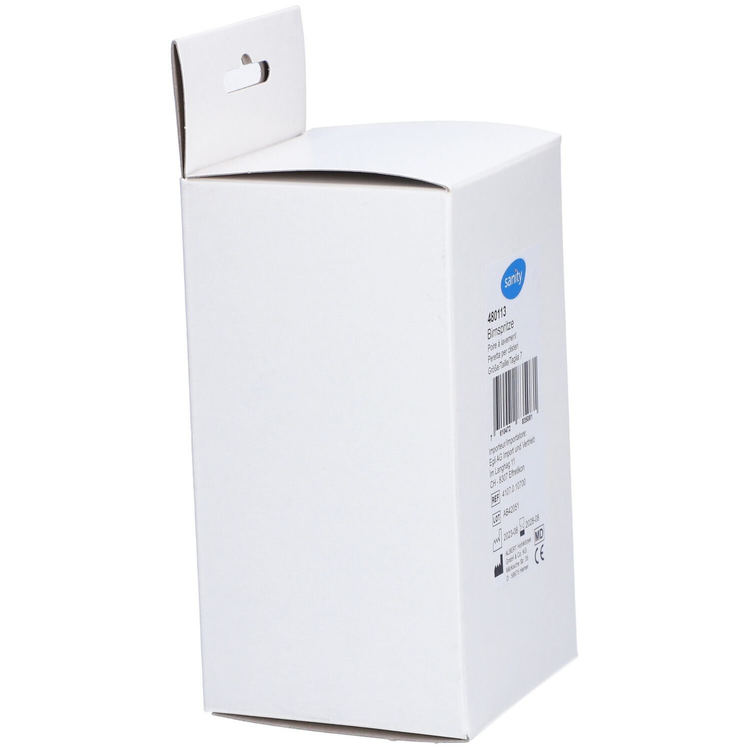 Weiße Produktverpackung, seitliche Ansicht. Blauer Markenlogo. Barcode und Produktinformationen. CE-Kennzeichnung.