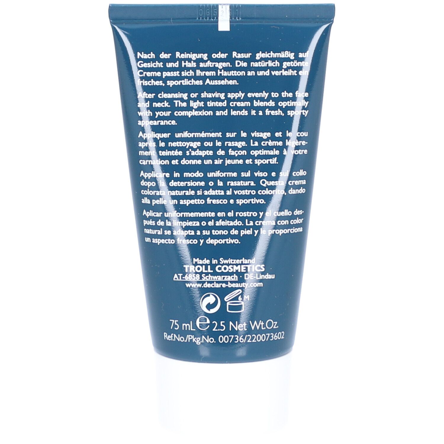 Dos du tube bleu. Texte multilingue. Fabricant: TROLL COSMETICS. 75 ml.