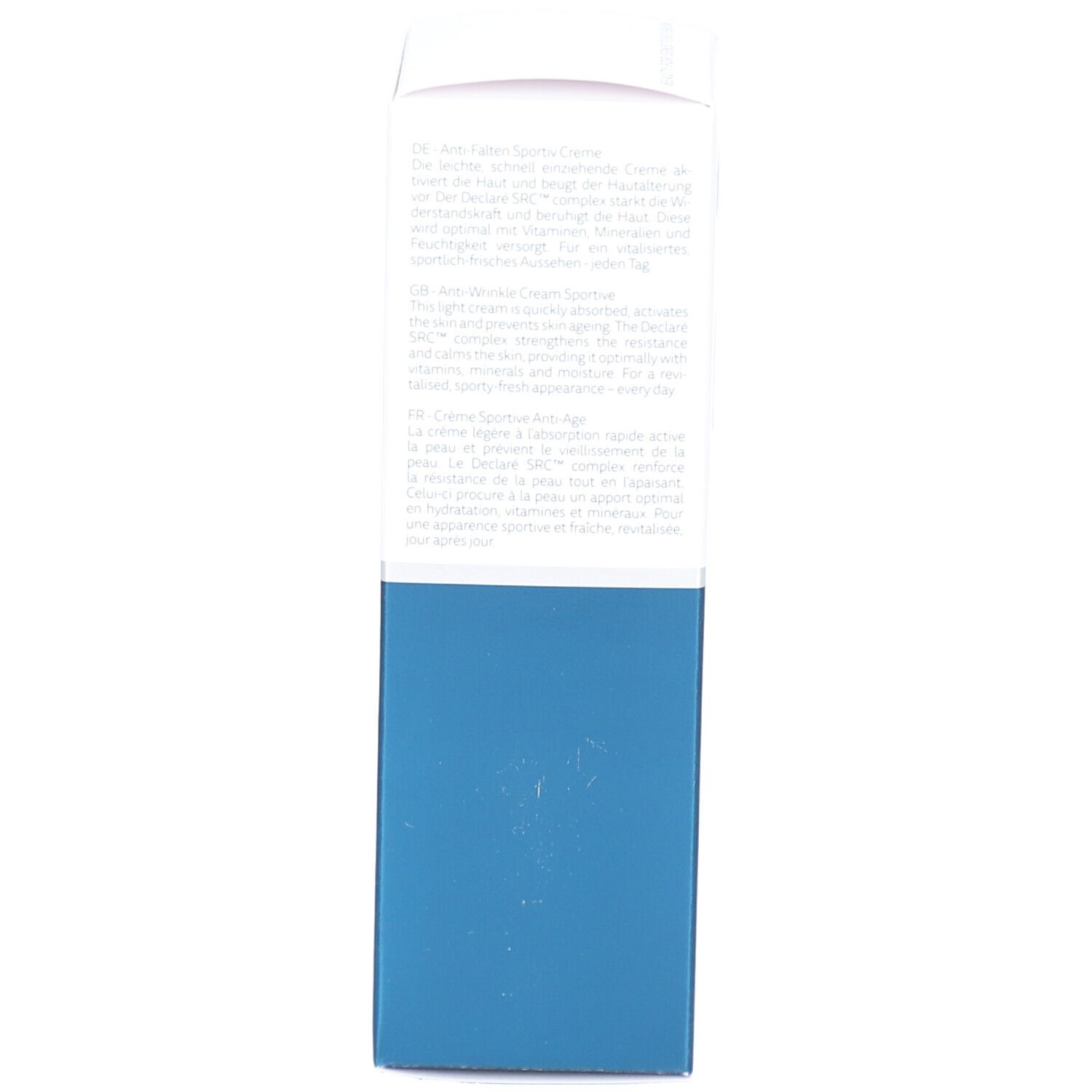 Côté de la boîte. Texte multilingue. Description du produit.