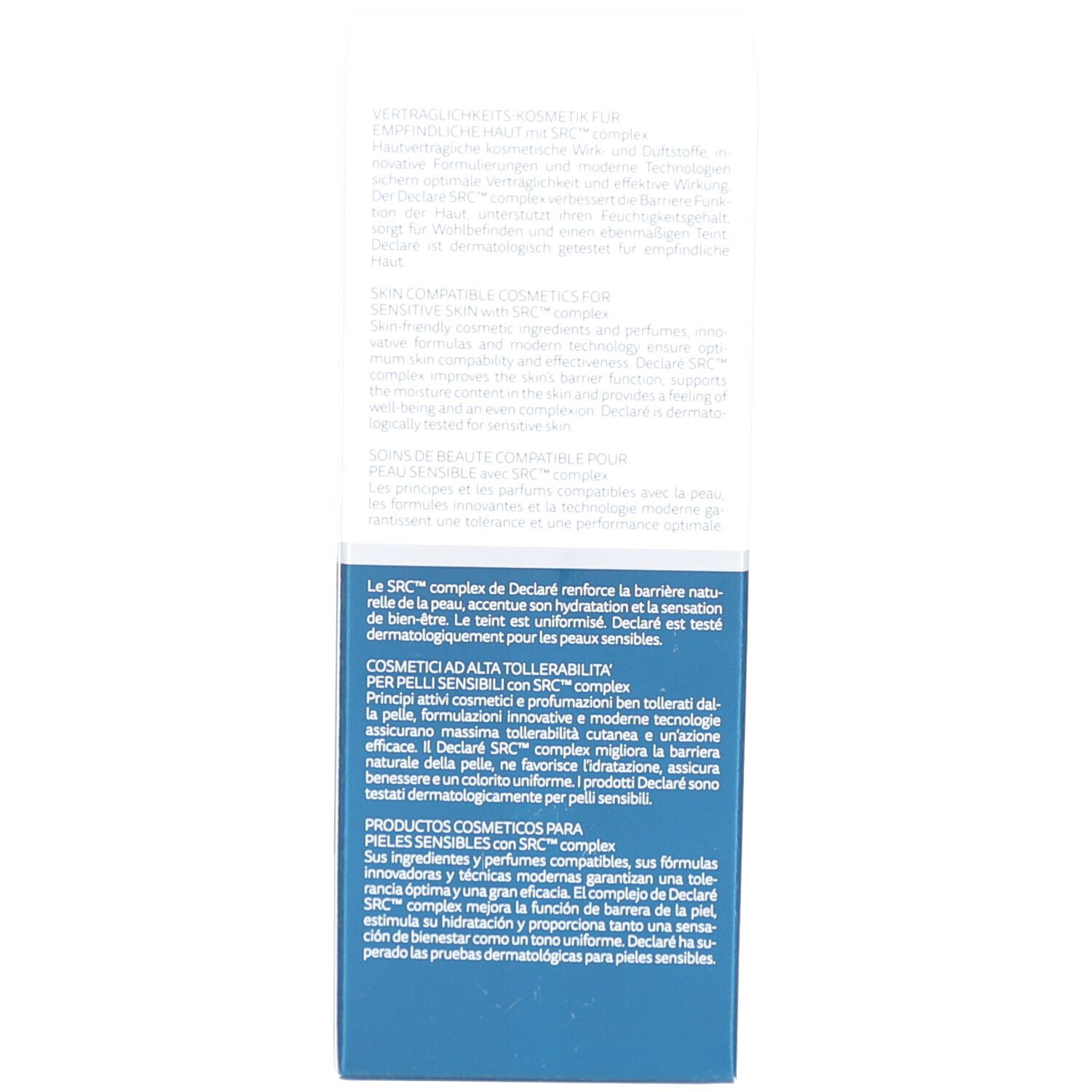 Côté de la boîte. Texte multilingue. Description du produit.