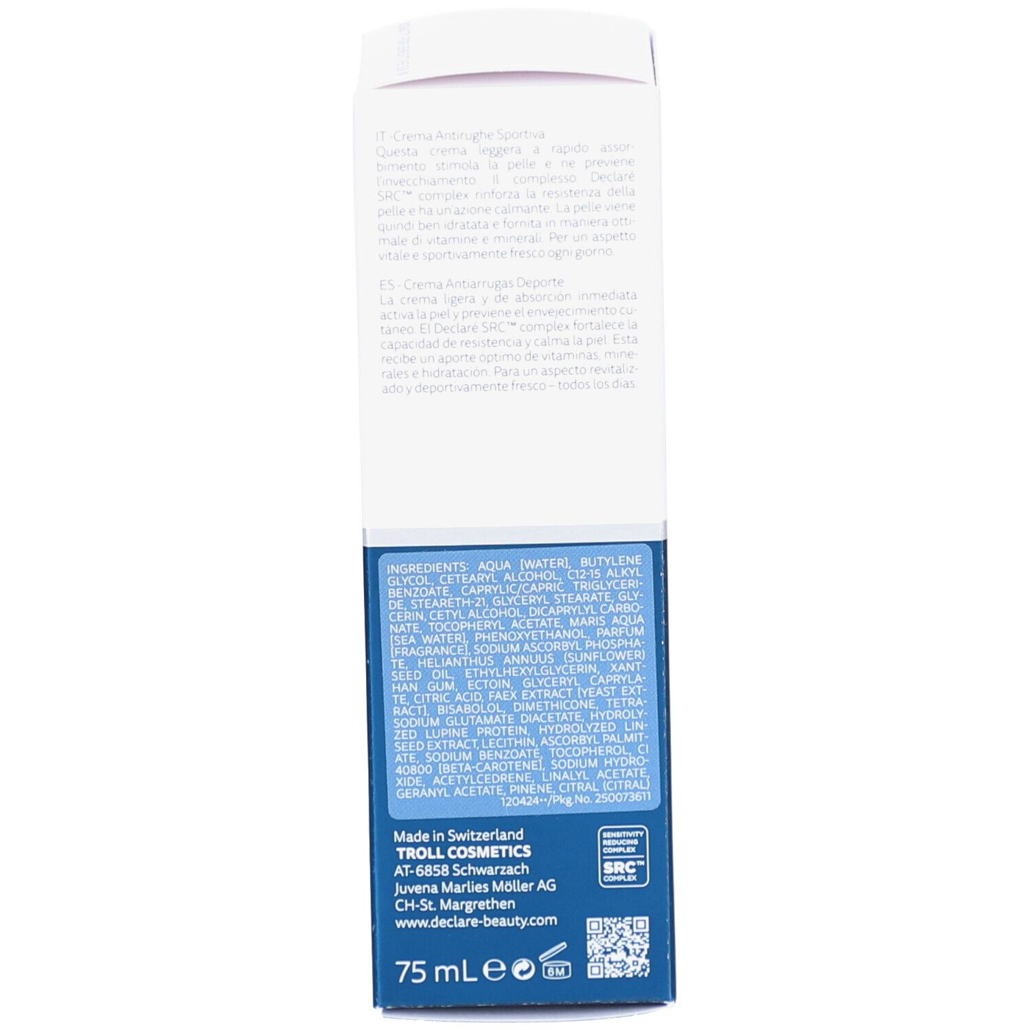 Côté de la boîte. Ingrédients et informations du fabricant. 75 ml.