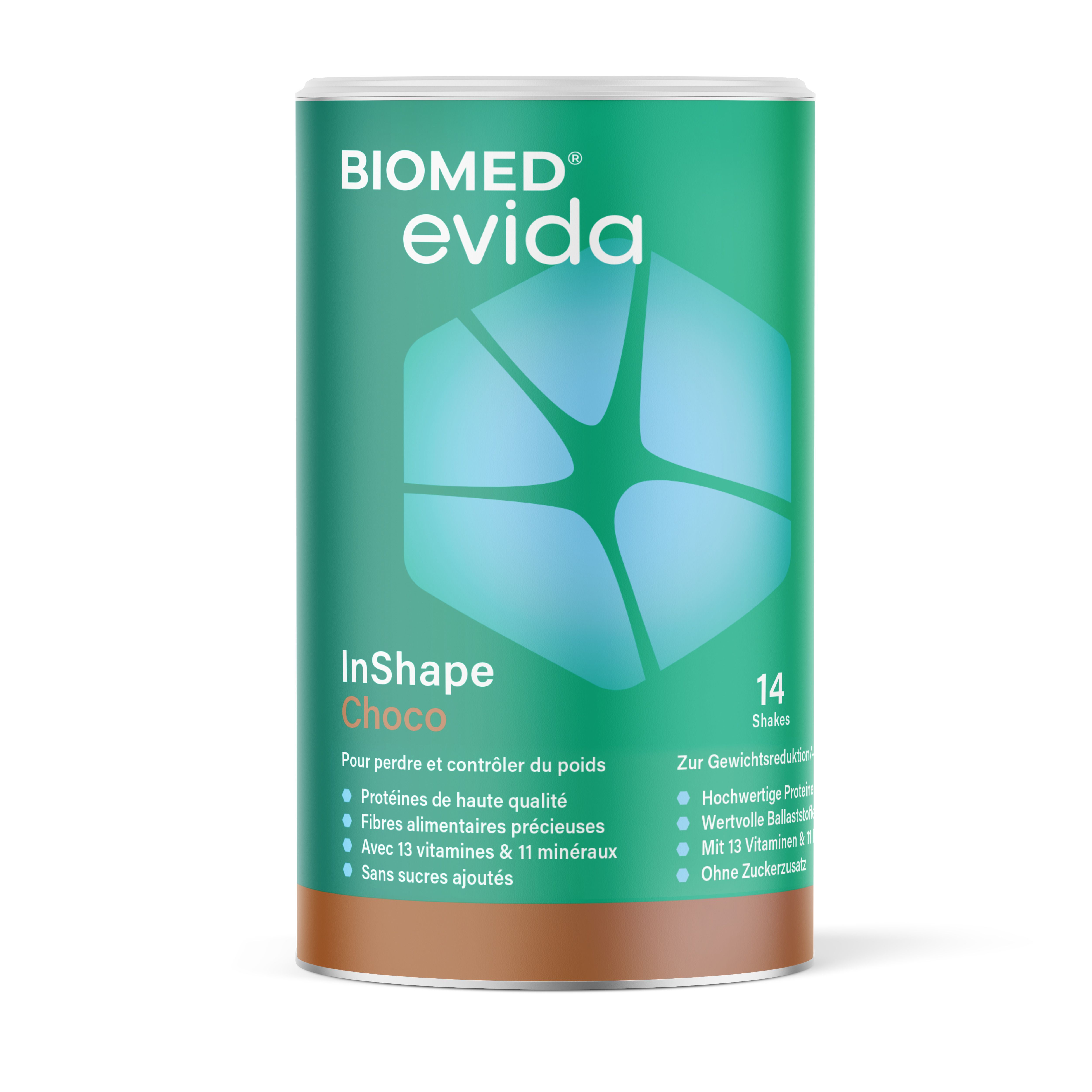 Boîte Biomed Evida InShape Choco avec informations nutritionnelles et produit.
