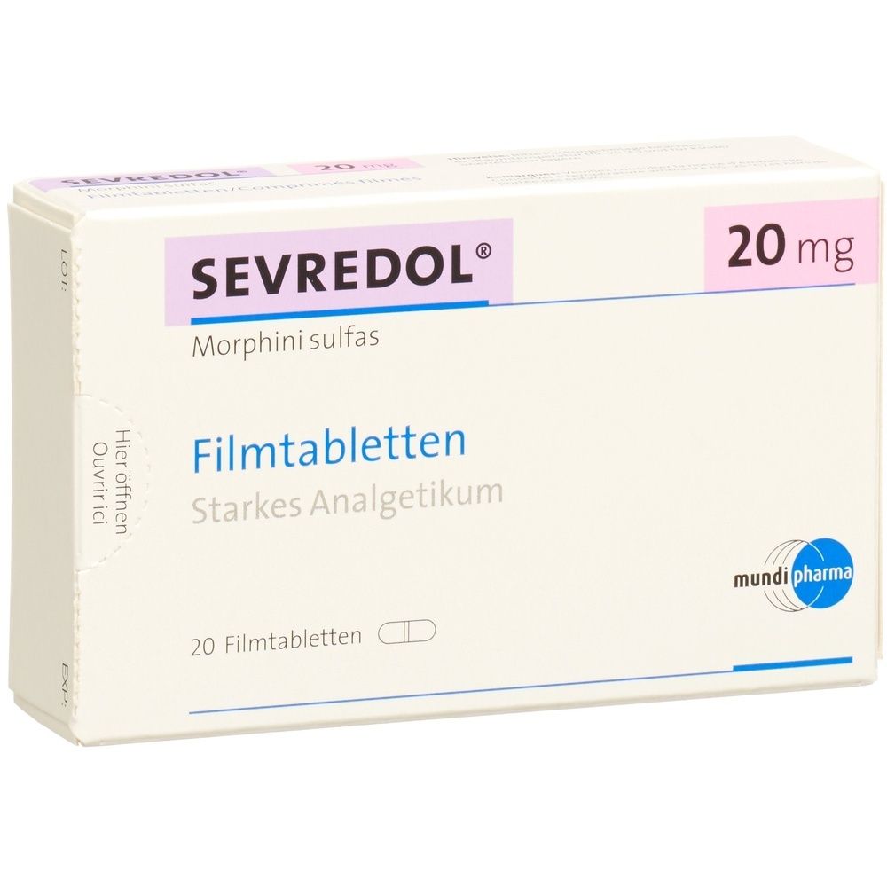 Kartonverpackung mit Produktnamen und Dosierung. Text: SEVREDOL Filmtabl 20 mg. 20 Stk. Weiße Verpackung mit blauer und rosa Schrift.