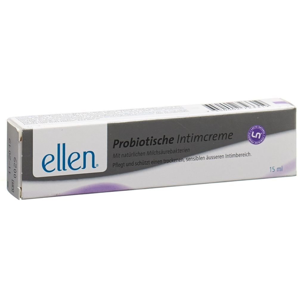 Boîte blanche avec logo "ellen" et nom du produit "Probiotische Intimcreme". 15 ml. Détails violets.