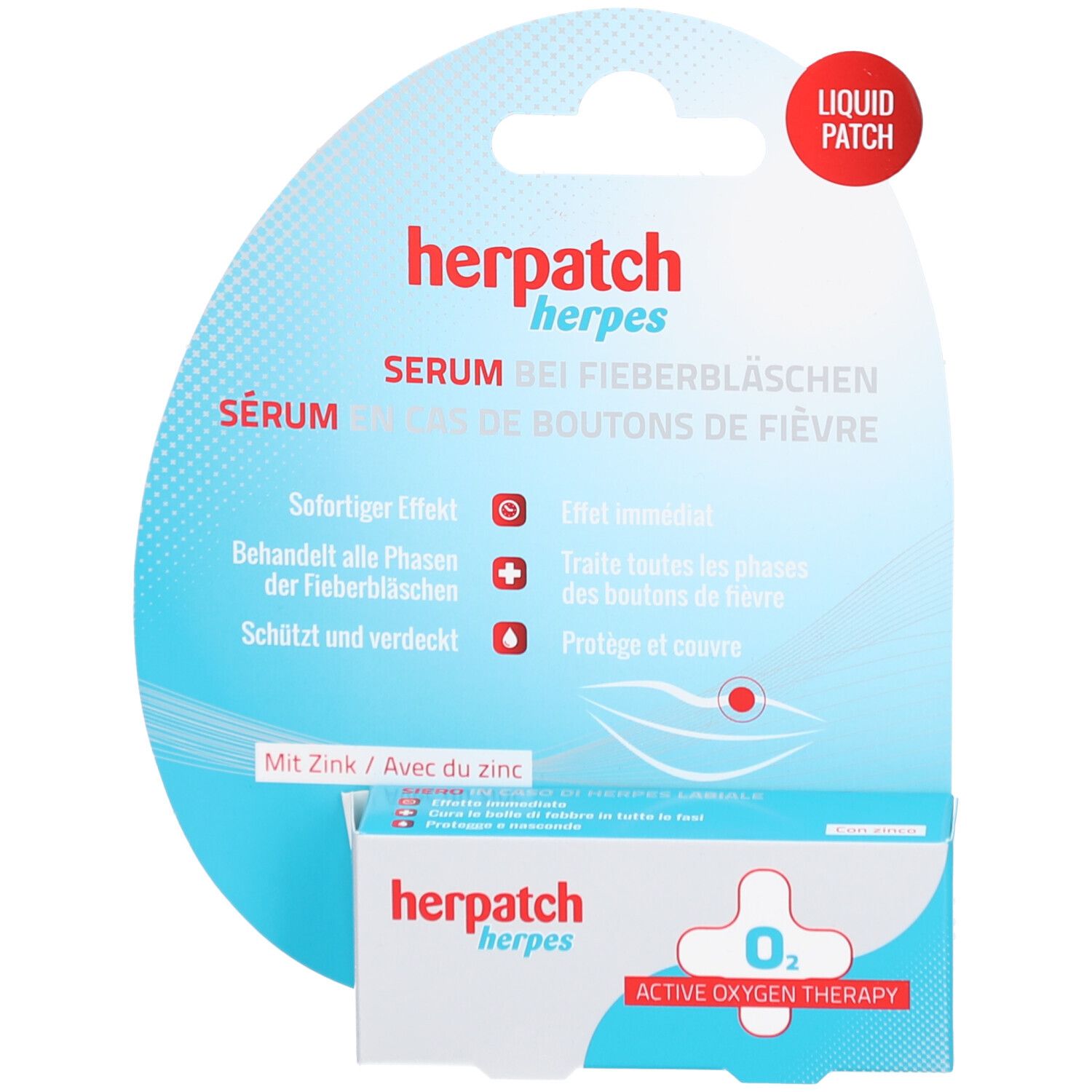 Blisterpackung mit Serum. Produktname: herpatch herpes. Ovale Karte mit Produktinformationen und einem kleinen Karton.