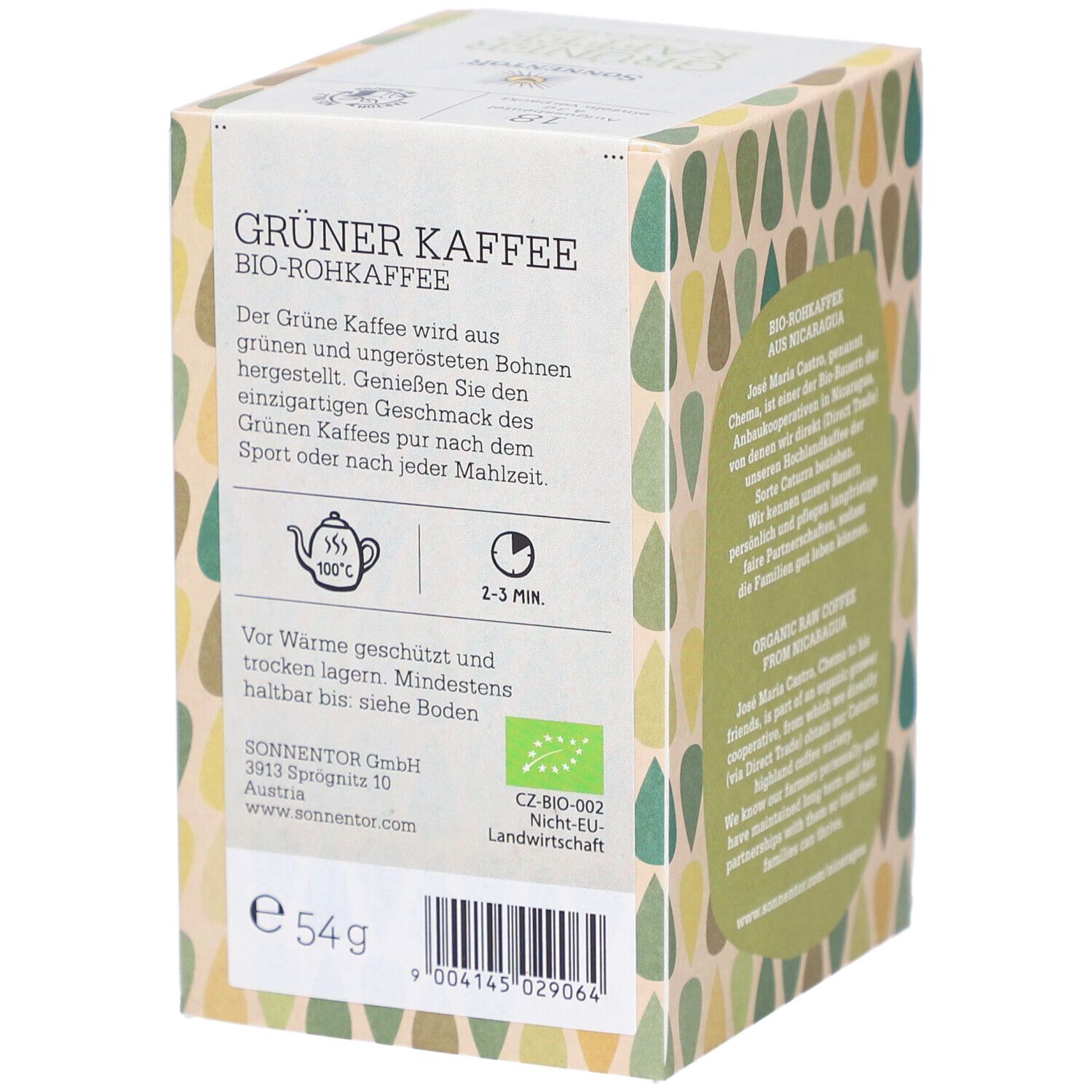 Seite der Sonnentor Grüner Kaffee Verpackung. Text über grünen Kaffee. Bio-Siegel. Tropfenmuster in Grün- und Beigetönen. Gewicht: 54g.