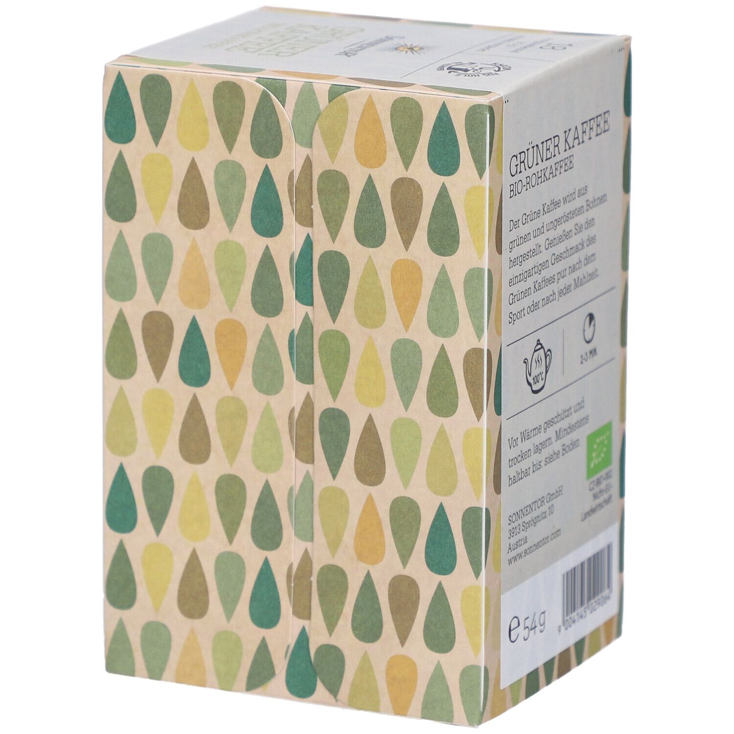 Seite der Sonnentor Grüner Kaffee Verpackung. Text über grünen Kaffee. Tropfenmuster in Grün- und Beigetönen. Gewicht: 54g.