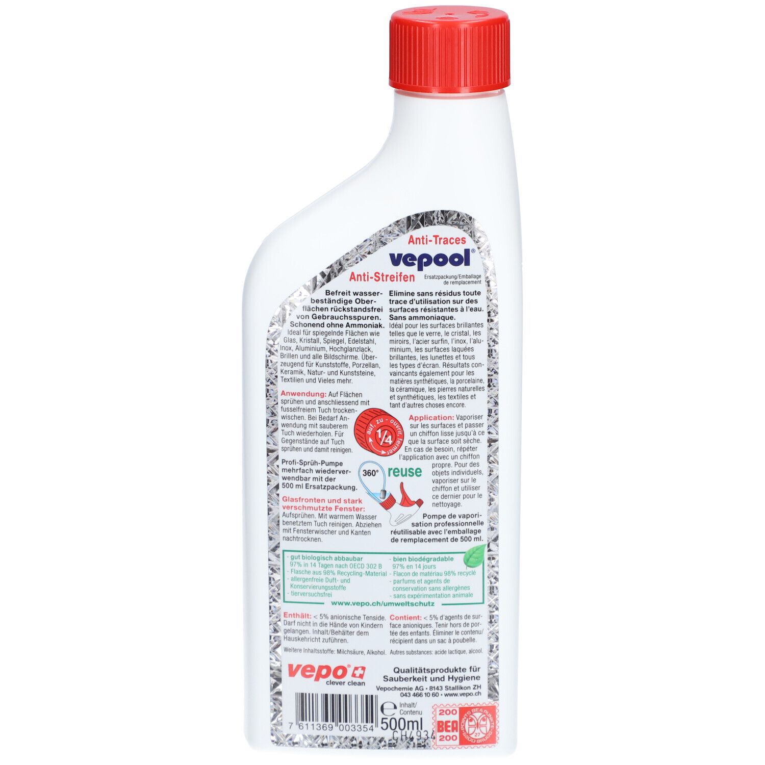 Rückseite der weißen Flasche mit rotem Deckel. Text: vepool Anti-Streifen. Anwendungshinweise. 360° reuse-Symbol. Volumen: 500ml.