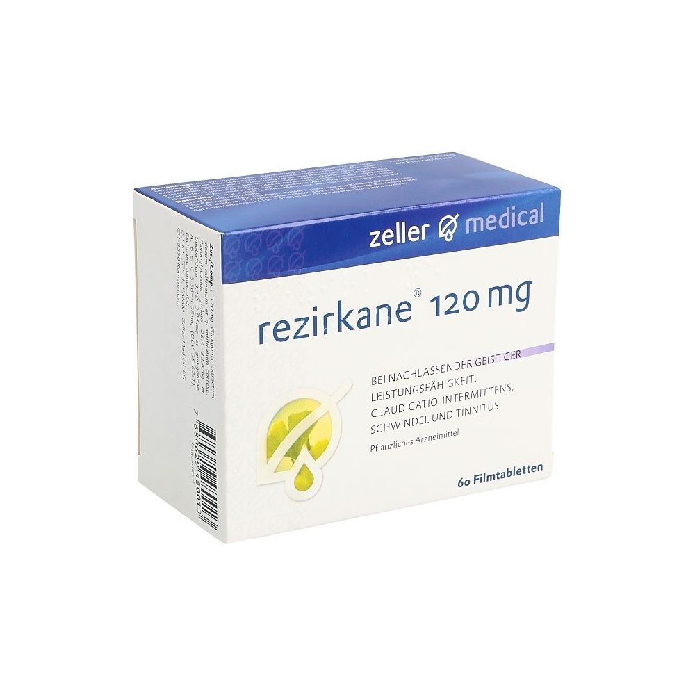 Boîte avec dessus bleu. Inscription : rezirkane 120 mg. Logo du fabricant. Emballage blanc avec motif jaune.