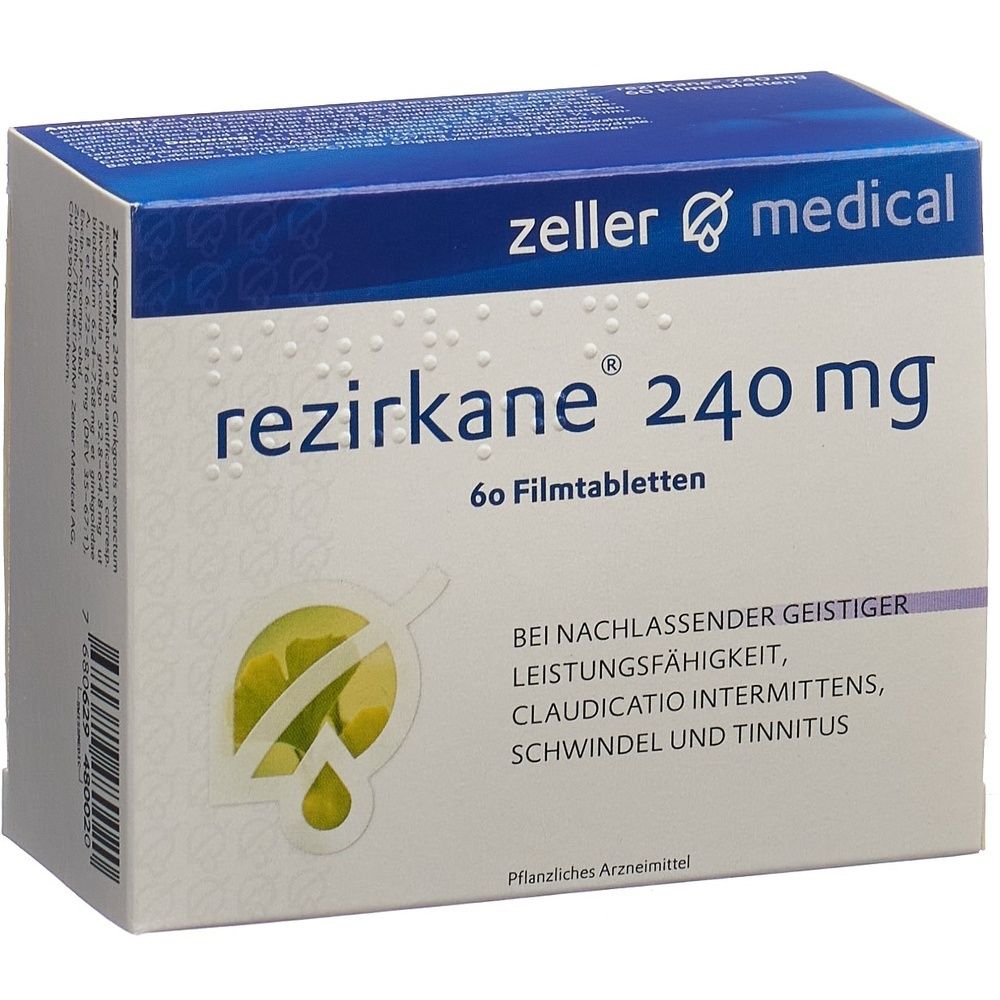 Karton mit blauer Oberseite. Aufschrift: rezirkane 240mg. Logo und weitere Informationen auf weißem Hintergrund.