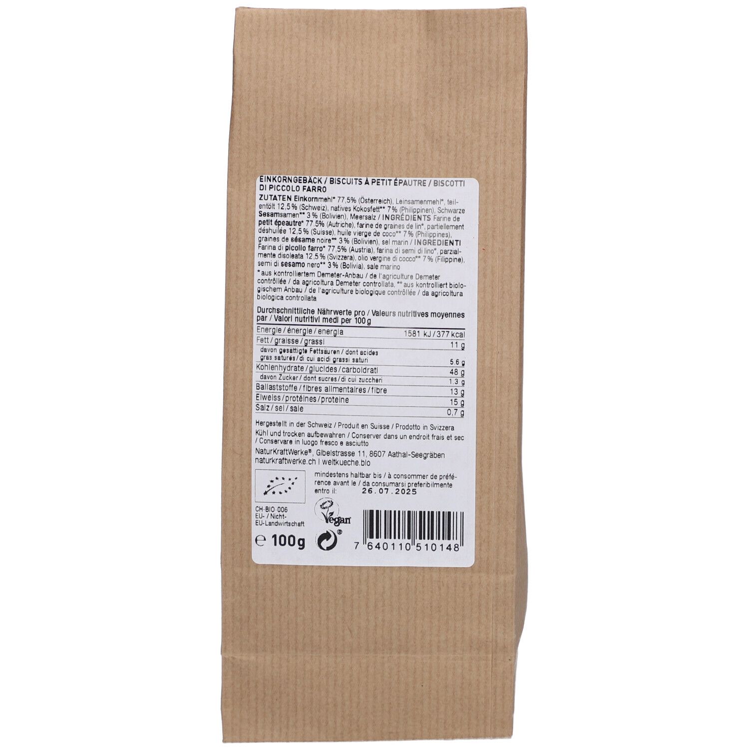Dos du sachet en papier brun. Texte avec informations nutritionnelles et liste d'ingrédients. Inscription "100g" et logo Demeter.