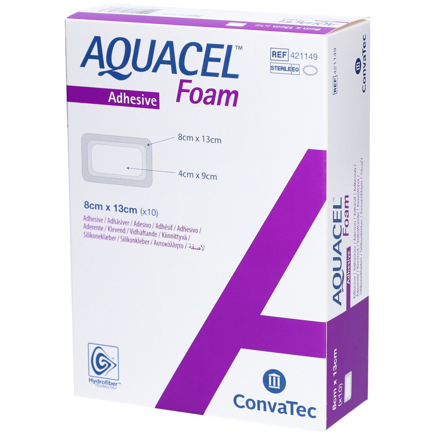 Verpackung von AQUACEL Foam, 8x13cm, mit Aufschrift 'Adhesive'. Zeigt ein Produktbild und Größenangaben.