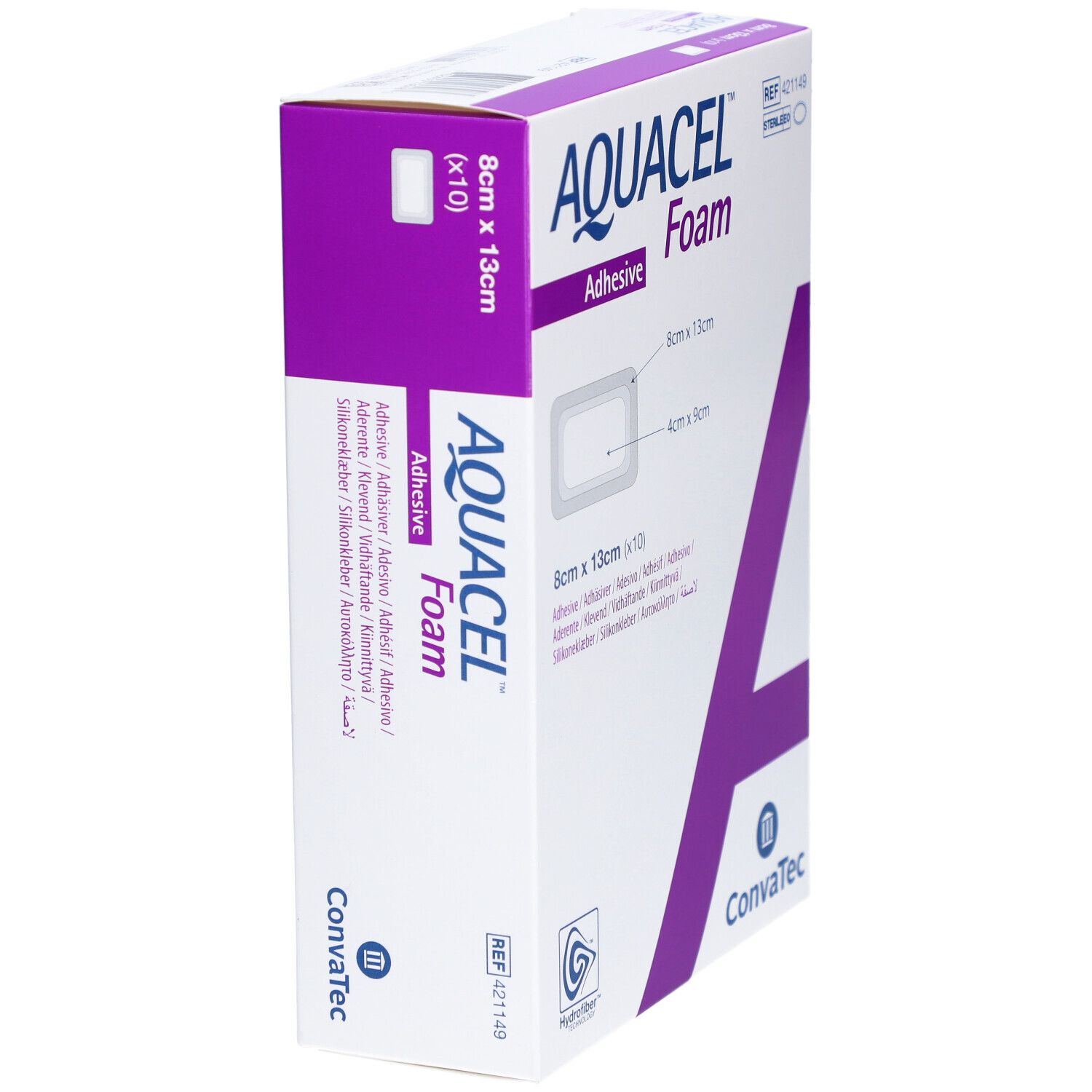 AQUACEL Foam Verpackung, 8x13cm. Zeigt Produktname, Größenangaben und Logo Convatec. Winkelansicht.
