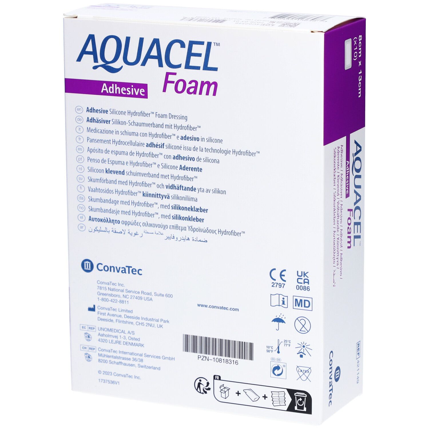 Rückseite der AQUACEL Foam Verpackung. Enthält Produktinformationen, Logos und Zertifizierungen.