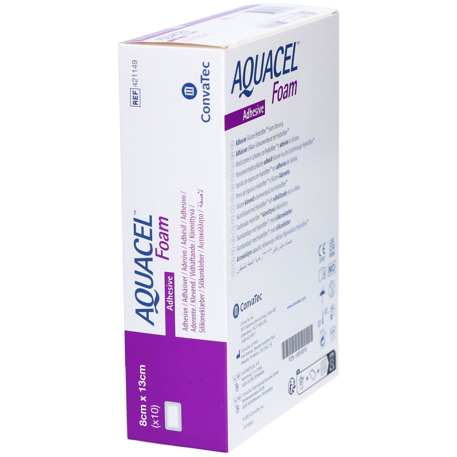 AQUACEL Foam Verpackung, 8x13cm. Zeigt Produktname, Größenangaben und Logo Convatec. Winkelansicht.