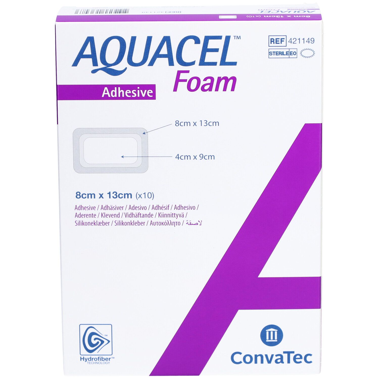 AQUACEL Foam Verpackung, 8x13cm. Zeigt Produktname, Größenangaben und Logo Convatec.