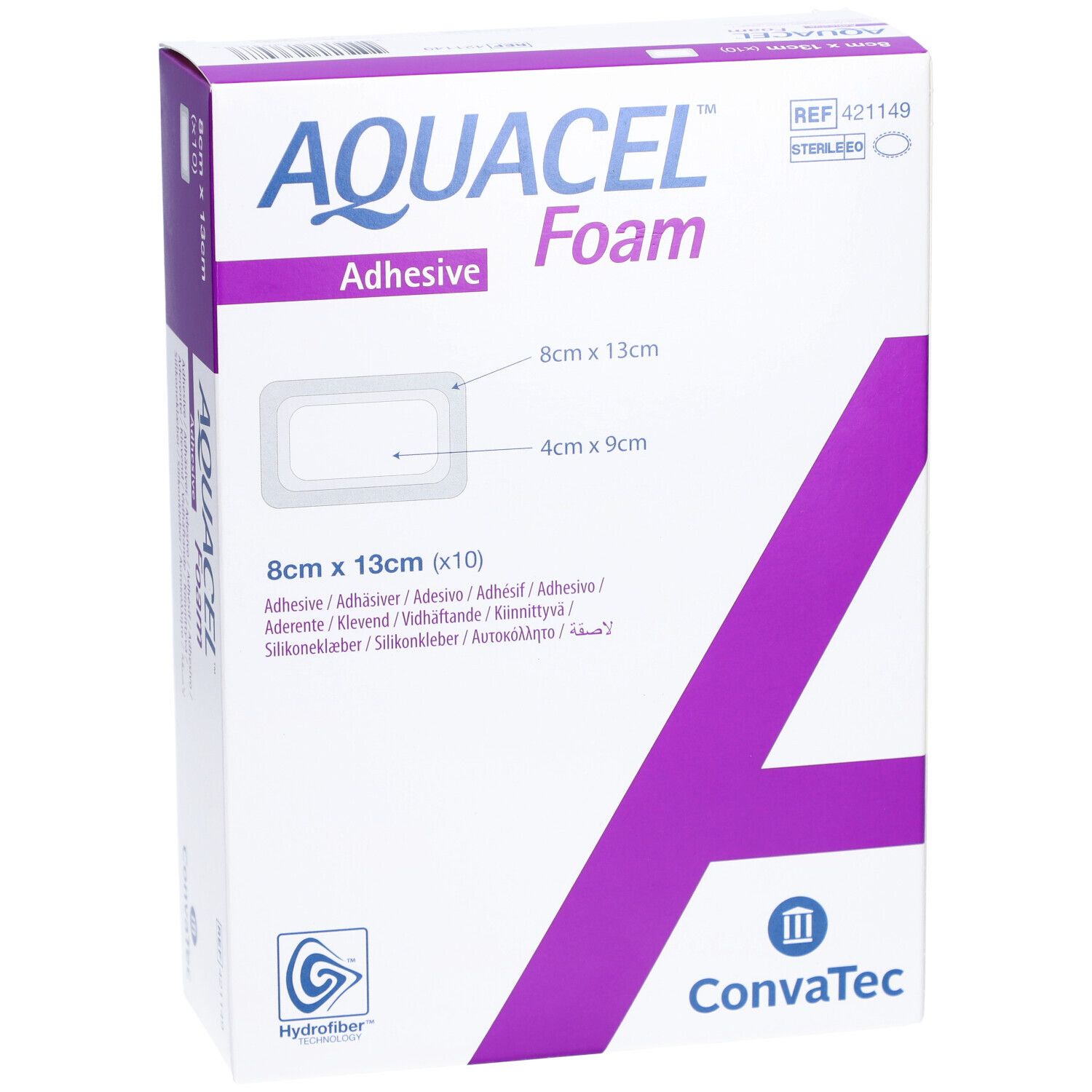 AQUACEL Foam Verpackung, 8x13cm. Zeigt Produktname, Größenangaben und Logo Convatec.