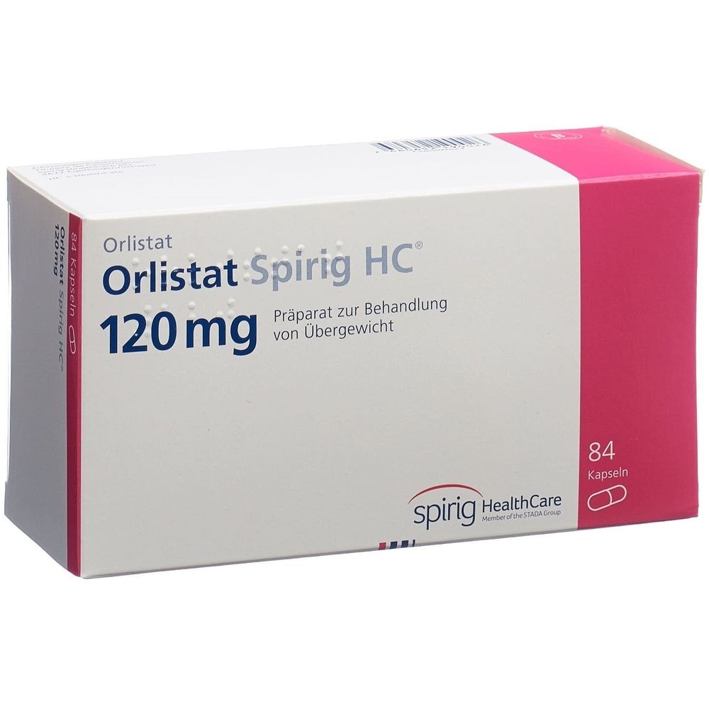Schachtel mit Medikamenten. Aufschrift: Orlistat Spirig HC 120mg.