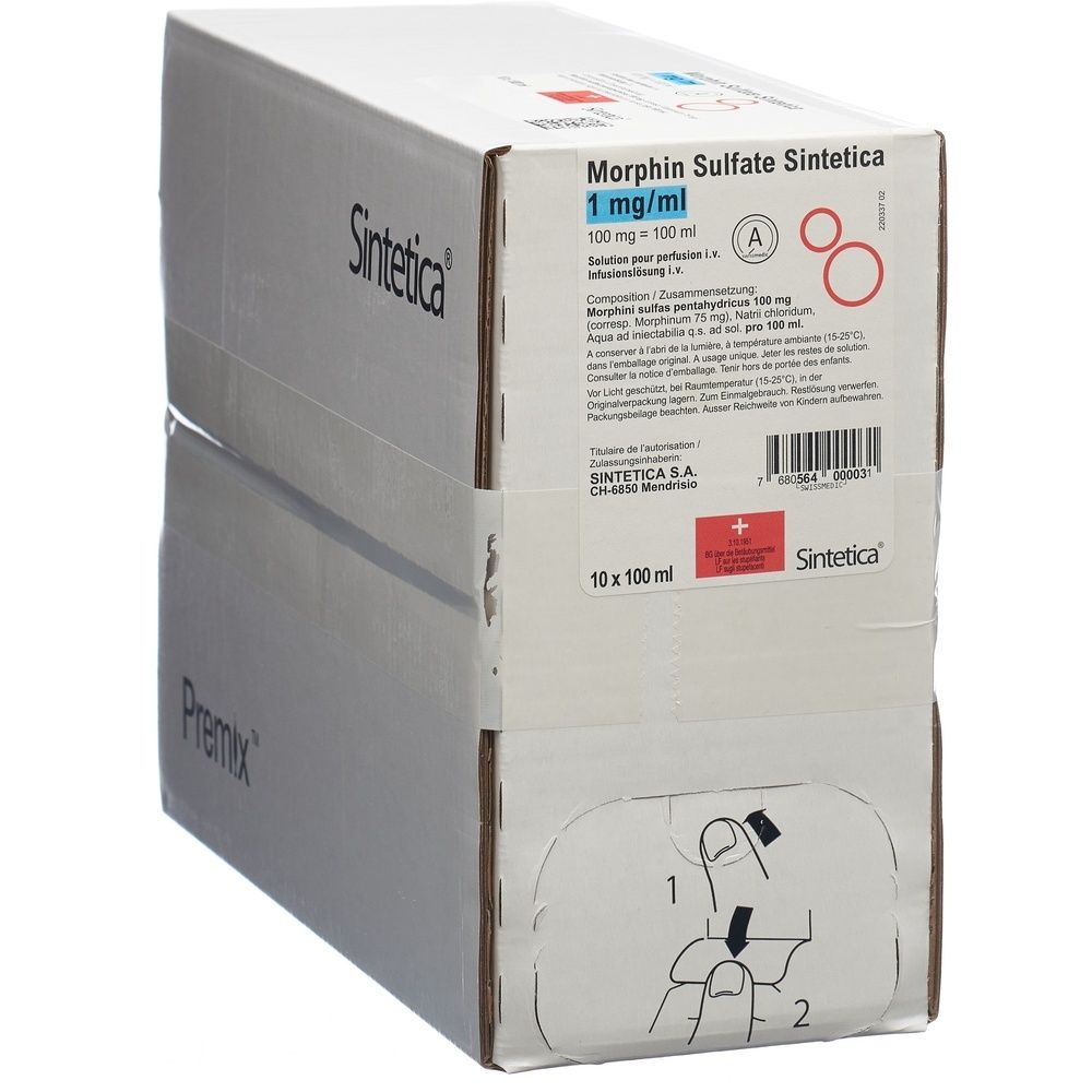 Karton mit Aufschrift Morphin Sulfate Sintetica. Enthält 10 Flaschen. Marke Sintetica. Schweizer Kreuz.