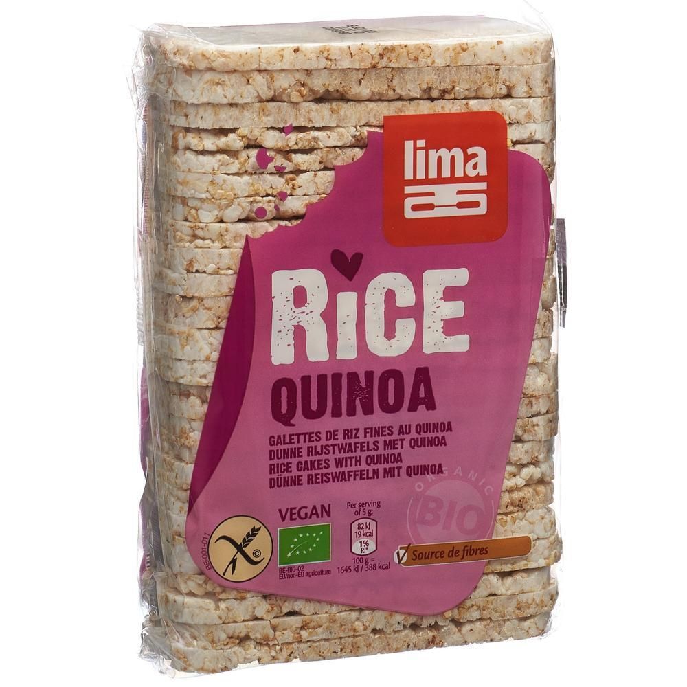 Paquet de galettes de riz au quinoa. Étiquette rose avec "Rice Quinoa" et logo. Labels vegan et bio.