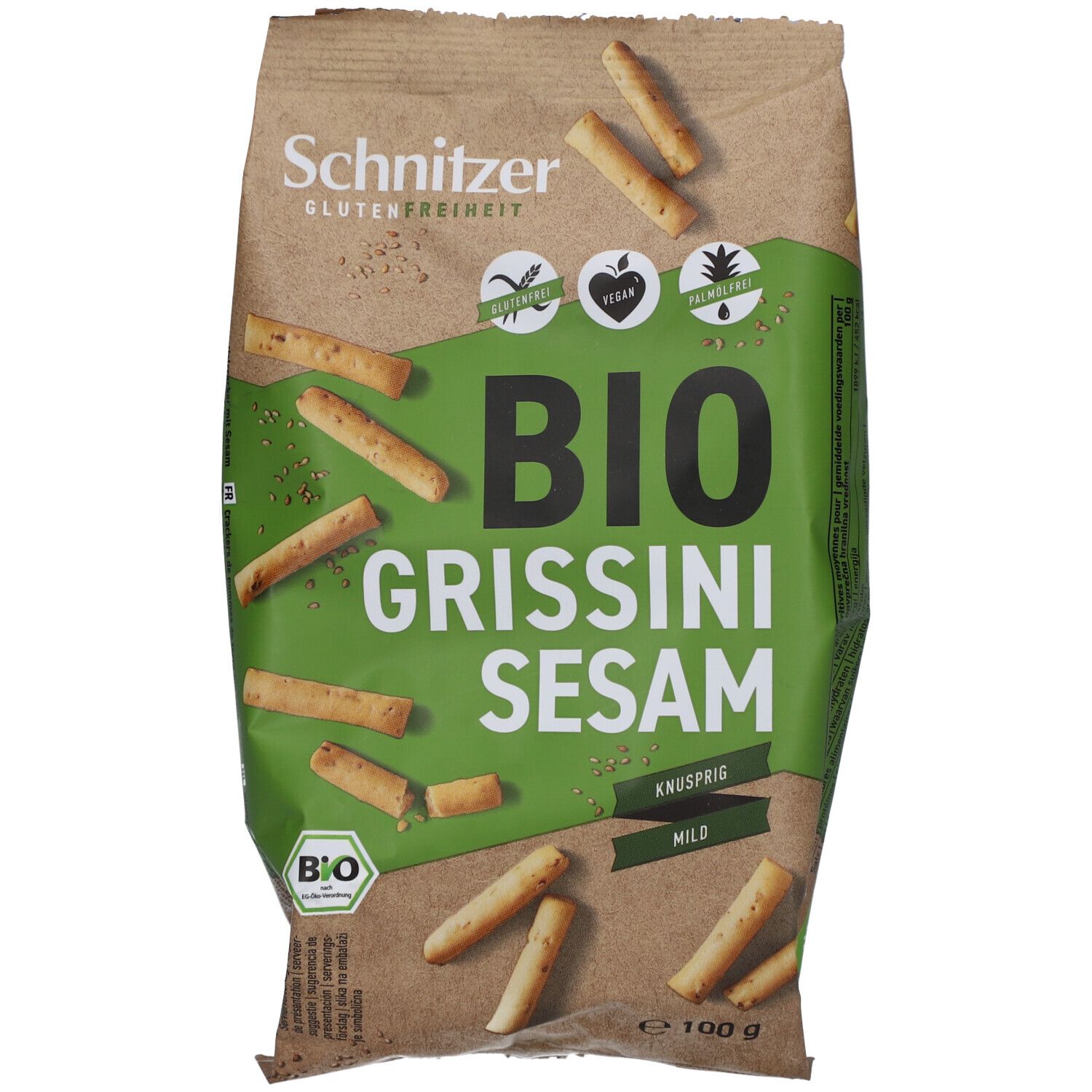 Verpackung mit glutenfreien Grissini Sesam. Grüne Schrift, brauner Hintergrund. Bio-Siegel.