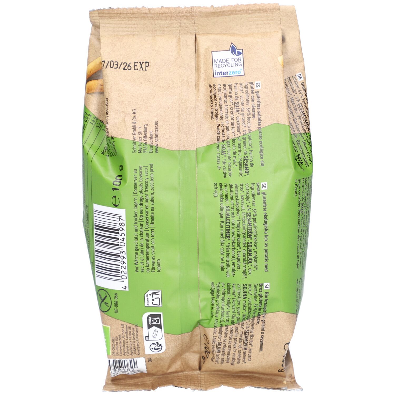 Rückseite der Grissini-Verpackung. Brauner Hintergrund, grüne Details. Text und Haltbarkeitsdatum.