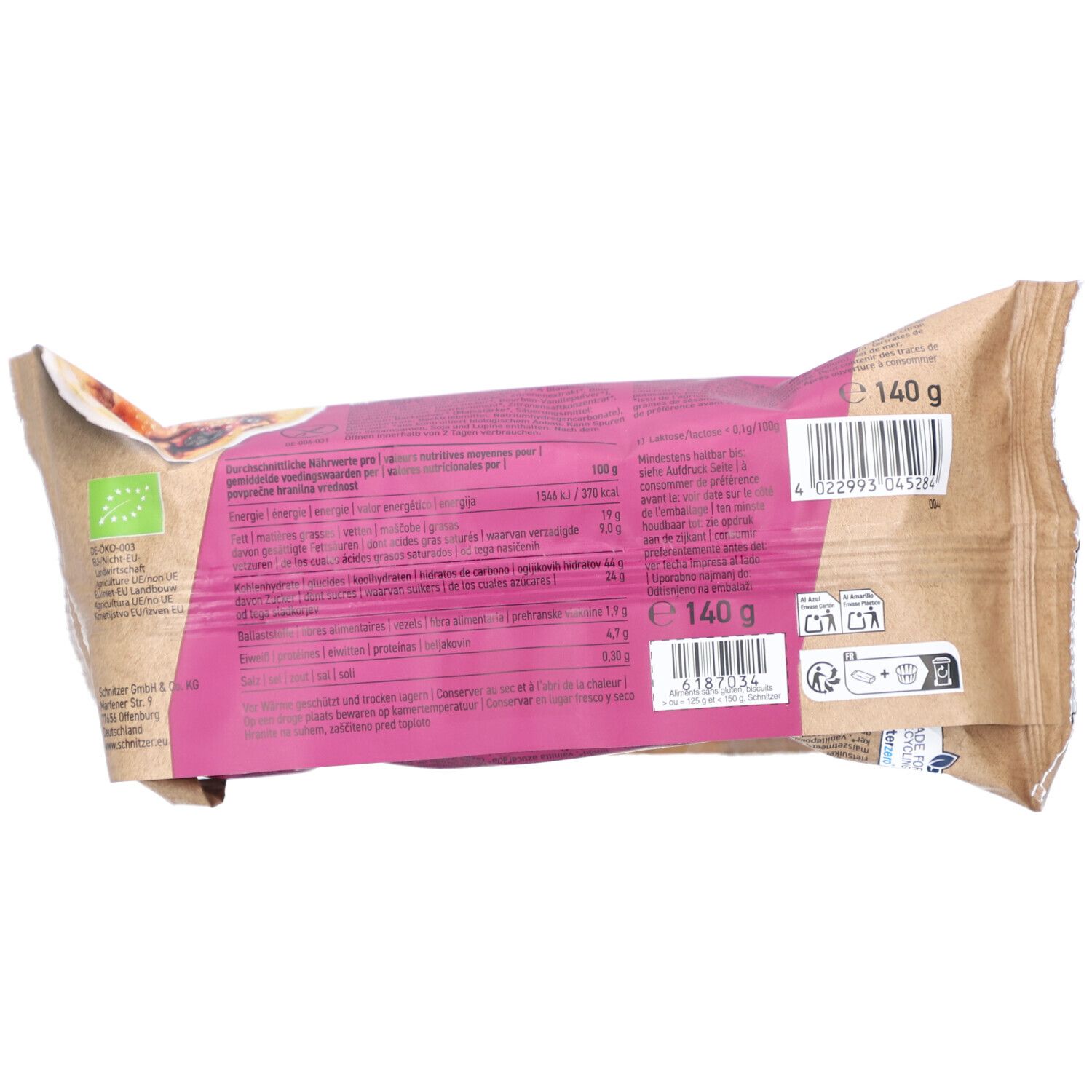 Rückseite der Muffin-Verpackung. Text und Nährwertangaben. Barcode und Logo: BIO.