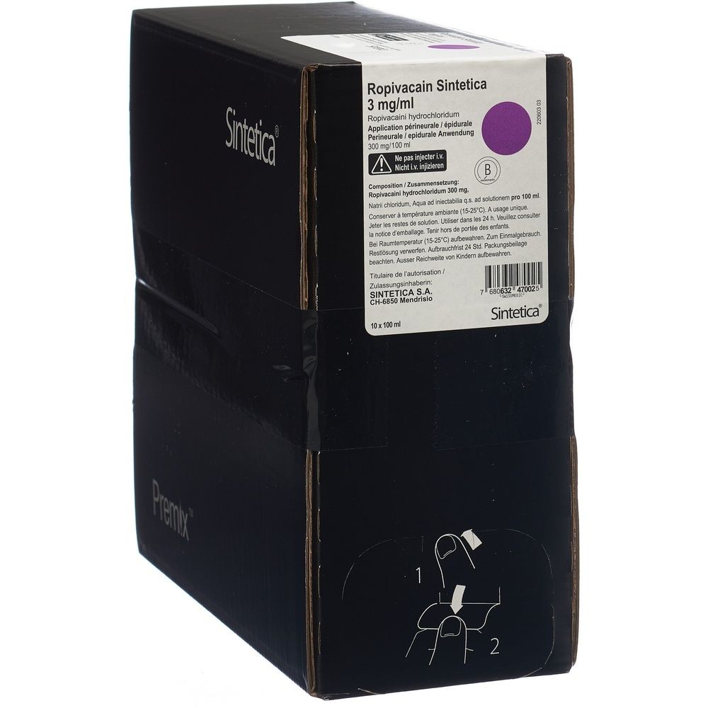 Boîte noire avec étiquette. Inscription: Ropivacain Sintetica 3 mg/ml. Logo: Cercle violet. Fabricant: Sintetica.