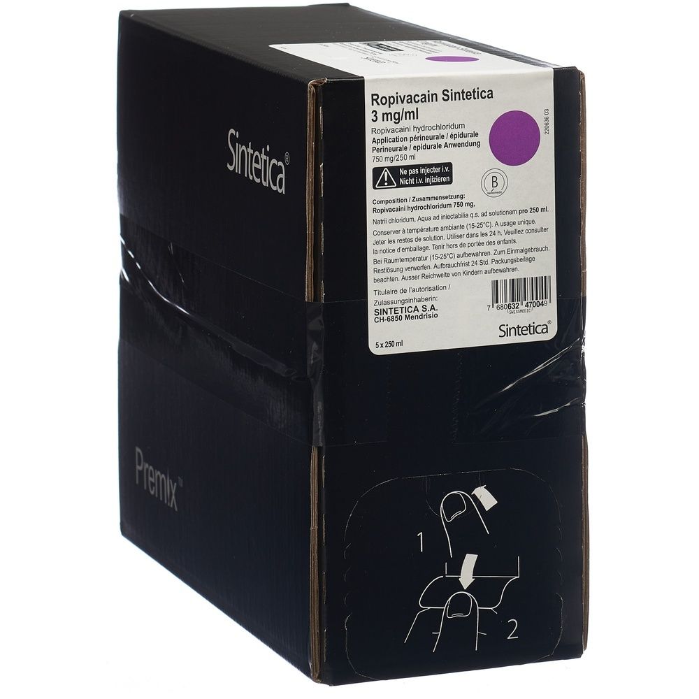 Boîte noire avec informations produit. Inscription: Ropivacain Sintetica 3 mg/ml. Cercle violet. Illustration d'application.