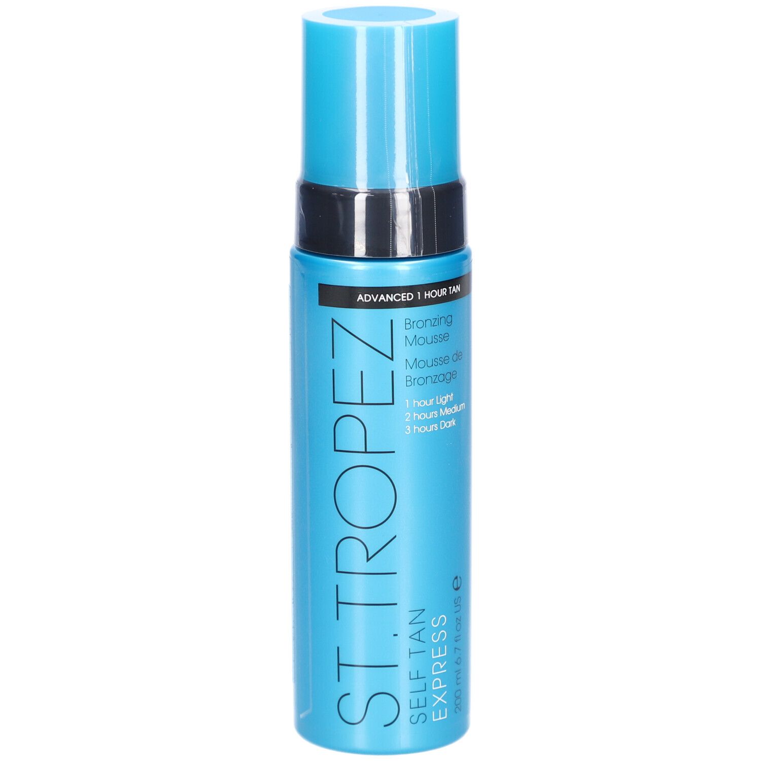 Türkisblaue Flasche mit blauem Deckel. Aufschrift: St.Tropez Self Tan Express Bronzing Mousse.