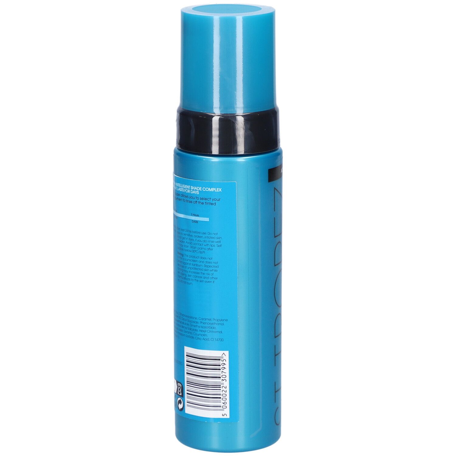 Türkisblaue Flasche mit blauem Deckel. Rückseite mit Text und Barcode. St.Tropez Self Tan Express.