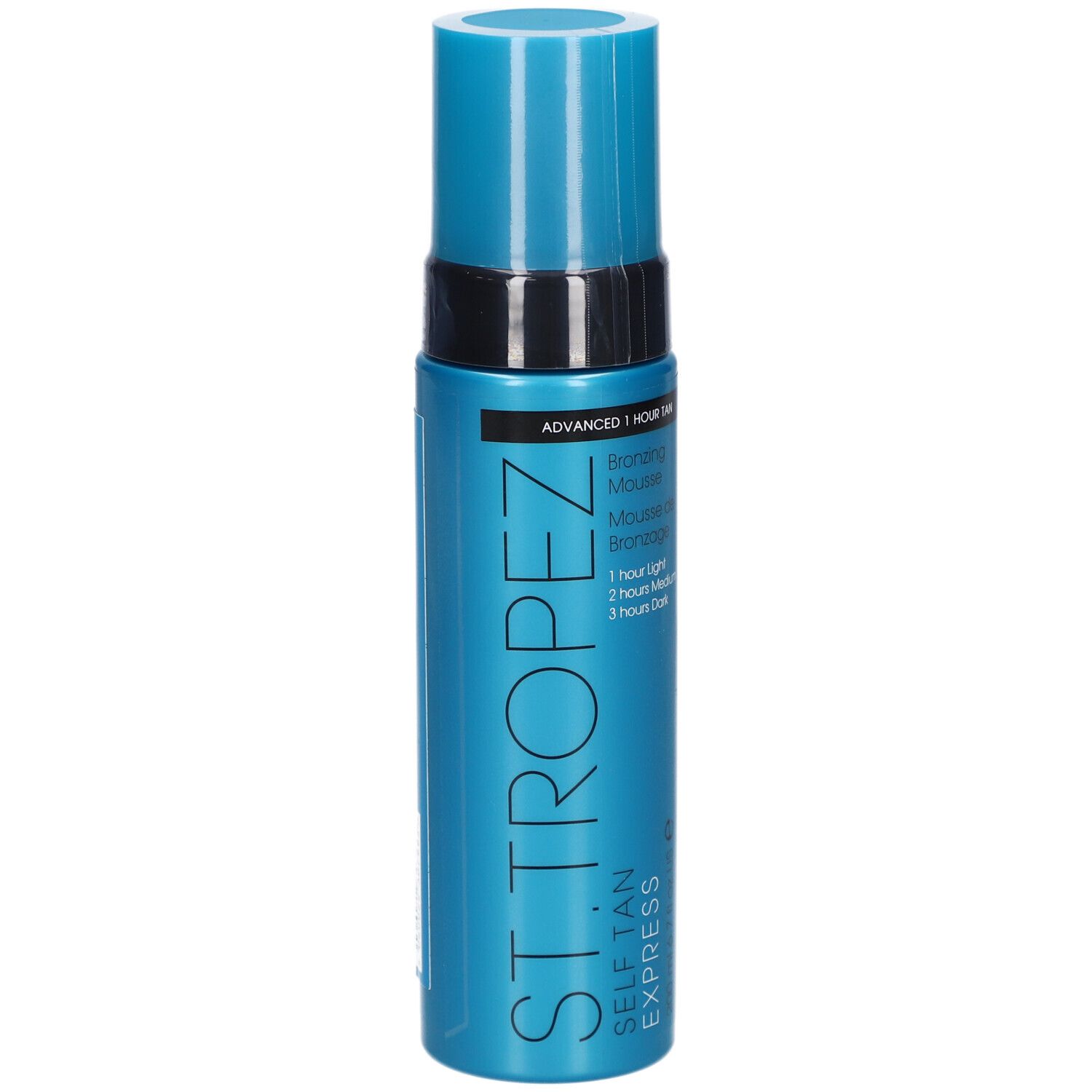Türkisblaue Flasche mit blauem Deckel. Aufschrift: St.Tropez Self Tan Express Bronzing Mousse.