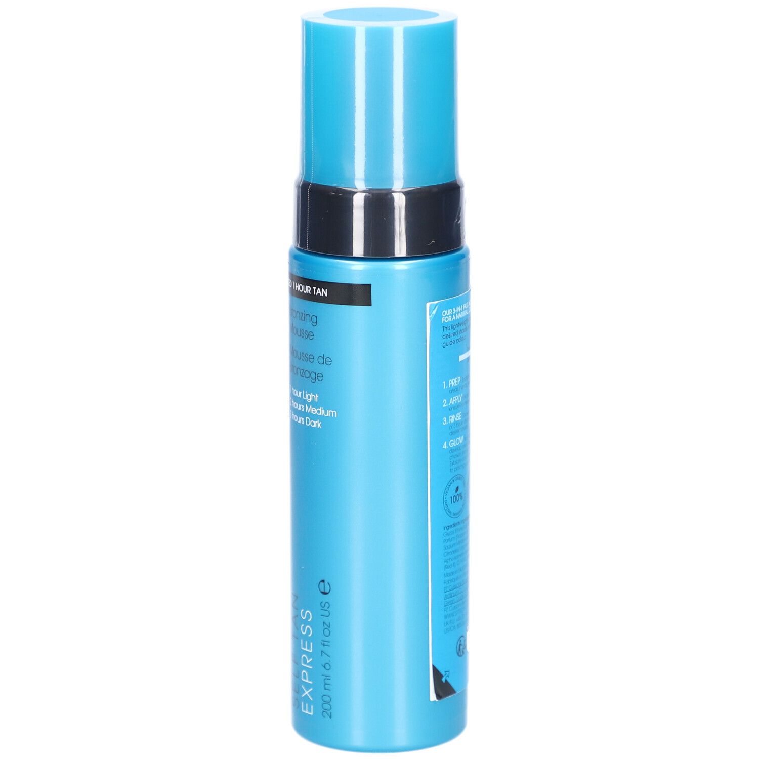 Türkisblaue Flasche mit blauem Deckel. Aufschrift: St.Tropez Self Tan Express Bronzing Mousse.