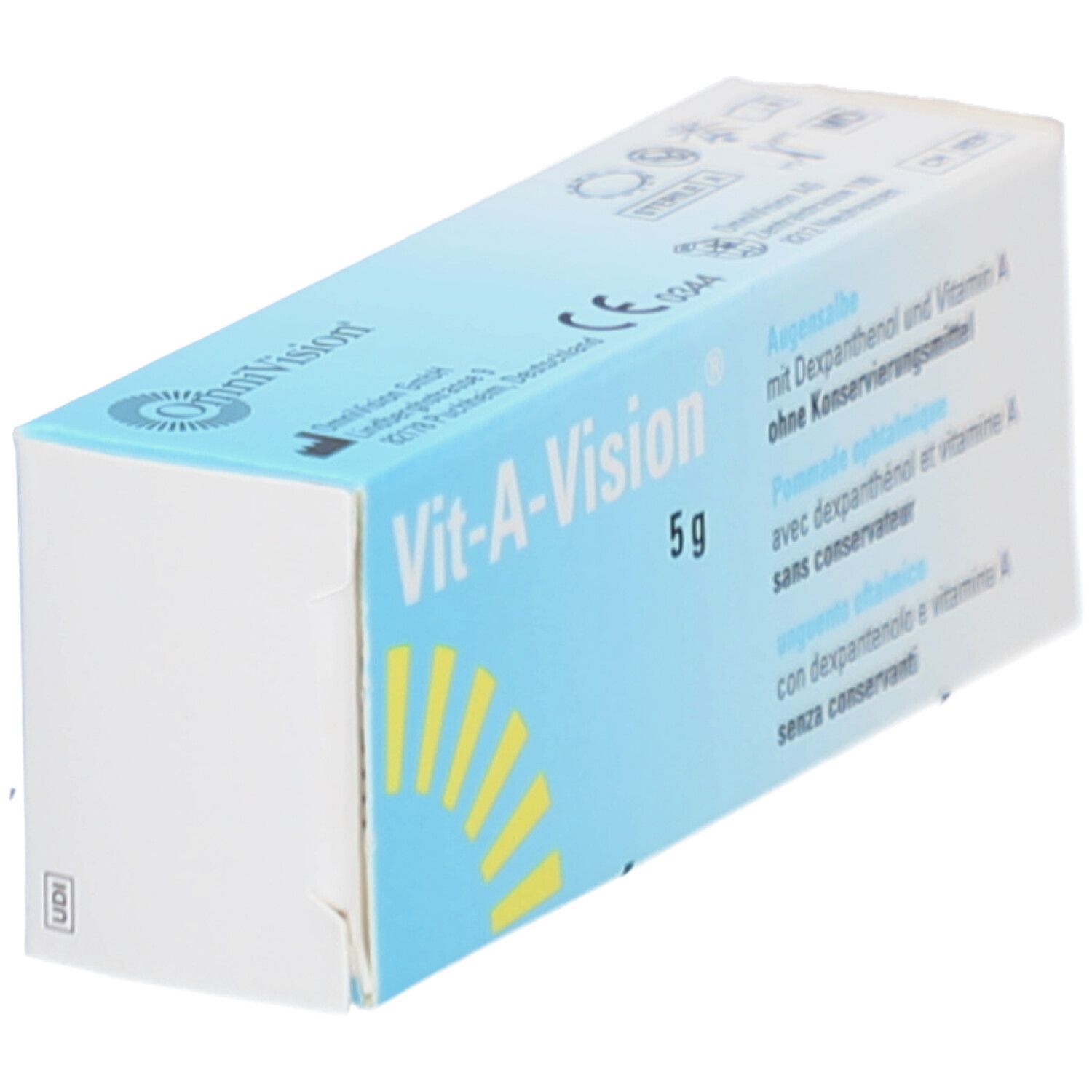 Schräg gestellte Verpackung von Vit-A-Vision, 5g. Blaue und weiße Schachtel mit Produktnamen und Text.