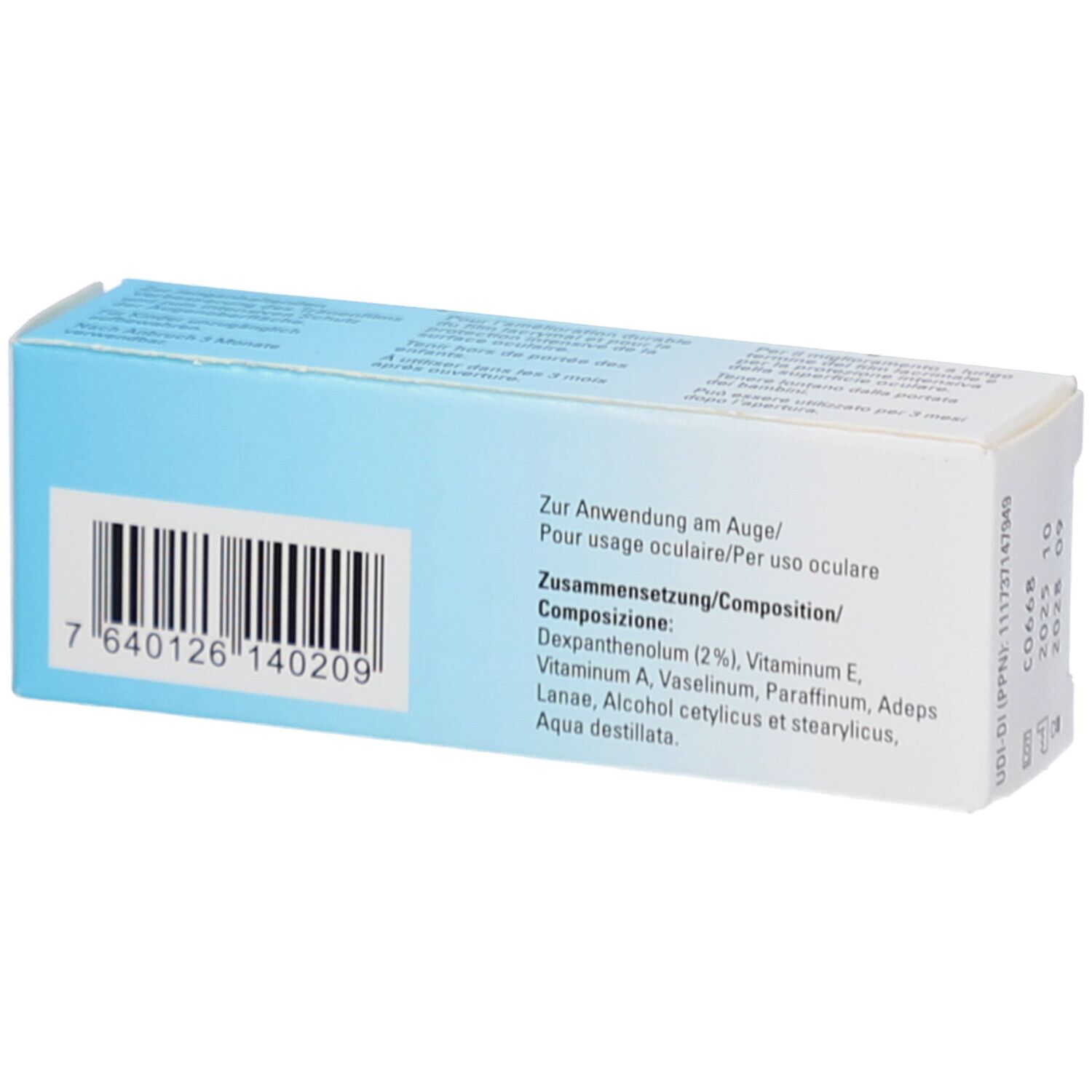 Rückseite der Vit-A-Vision Verpackung. Enthält Inhaltsstoffe, Anwendungshinweise und Barcode.