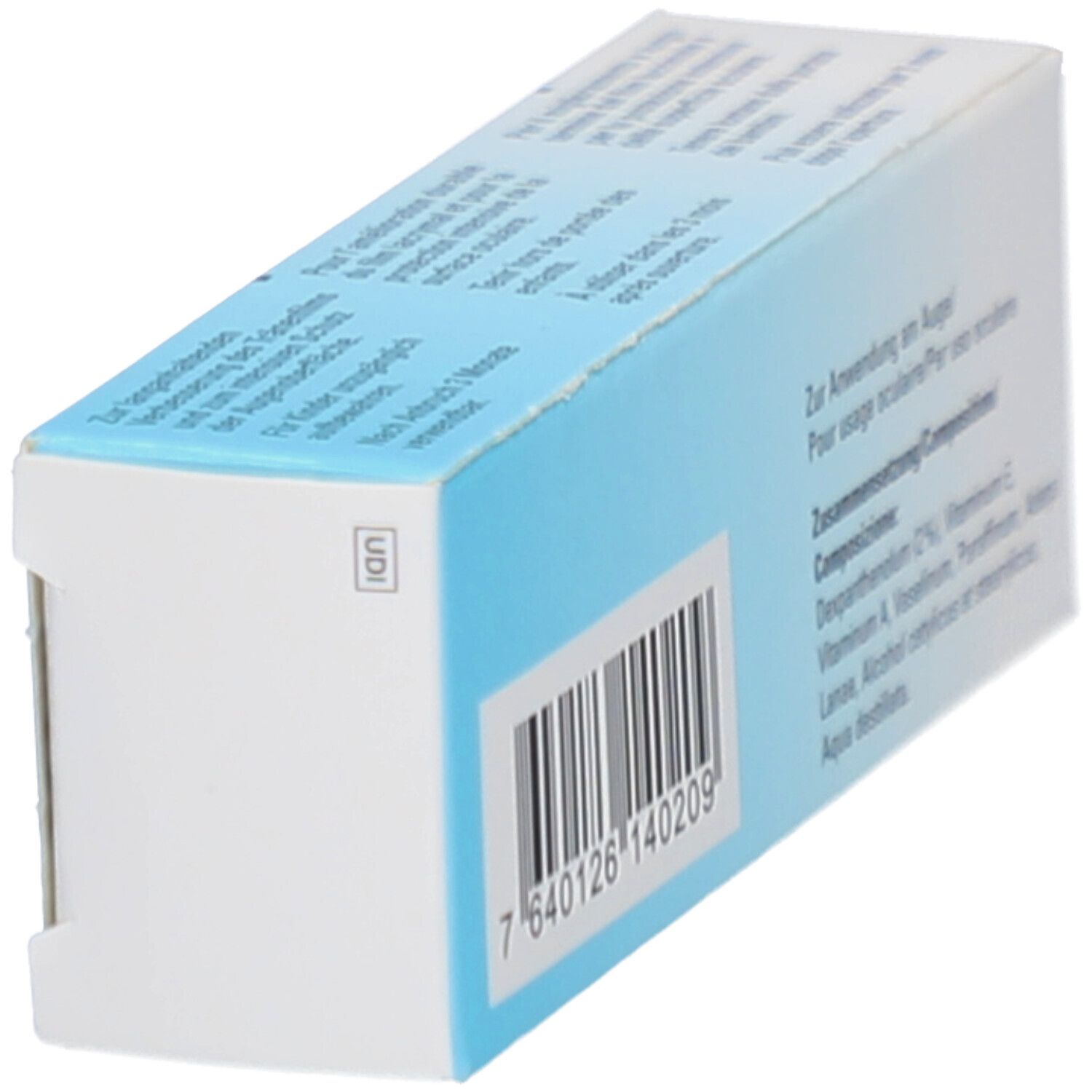 Schräg gestellte Rückseite der Vit-A-Vision Verpackung. Barcode und Text.