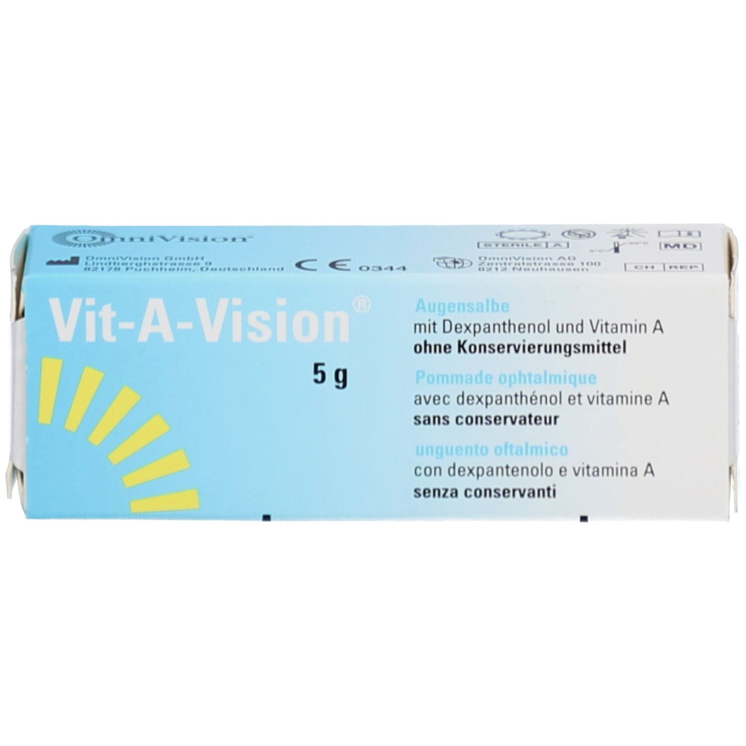 Vit-A-Vision Verpackung, 5g. Blaue und weiße Schachtel mit Produktnamen und Inhaltsangaben.