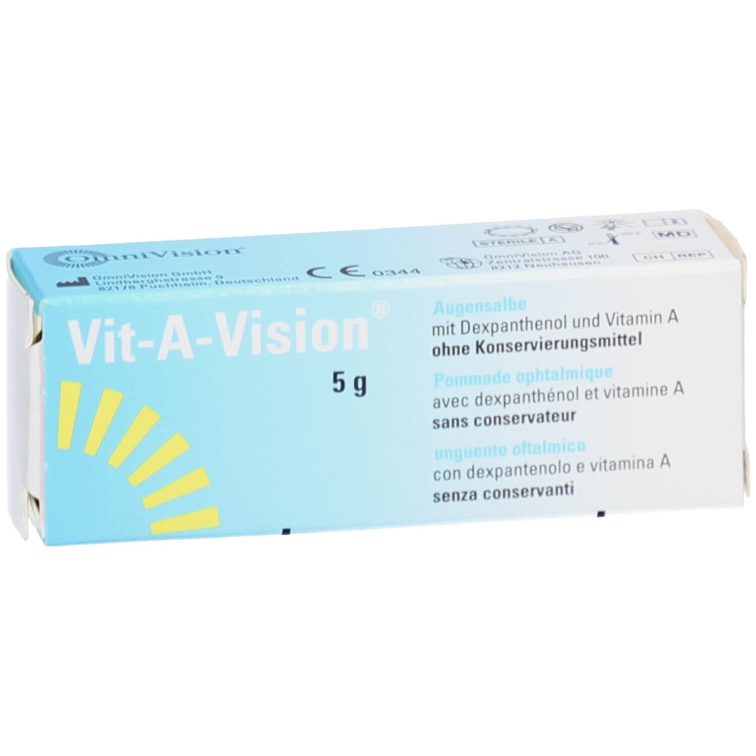 Vit-A-Vision Verpackung, 5g. Blaue und weiße Schachtel mit Produktnamen und Inhaltsangaben.
