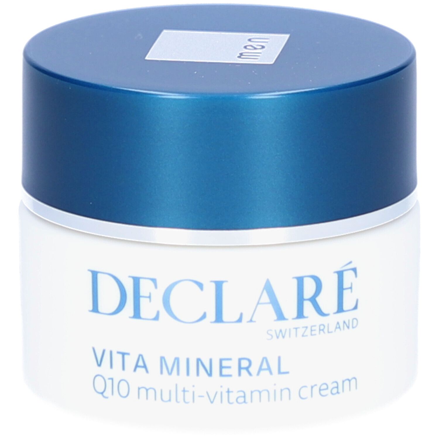 Pot de crème à couvercle bleu. Inscription : DECLARÉ, Vita Mineral Q10 multi-vitamin cream.