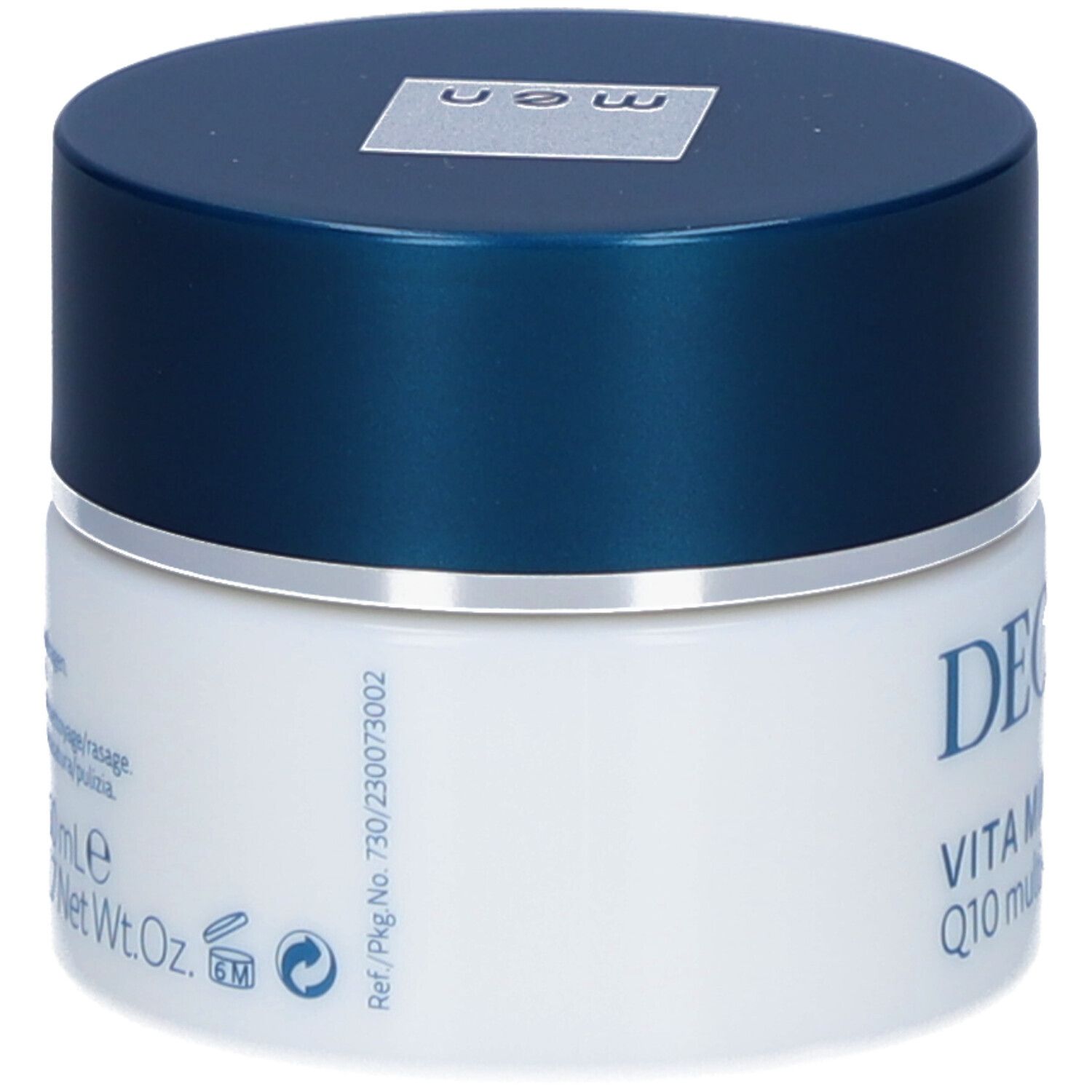 Pot de crème à couvercle bleu. Inscription : DECLARÉ, Vita Mineral Q10 multi-vitamin cream.