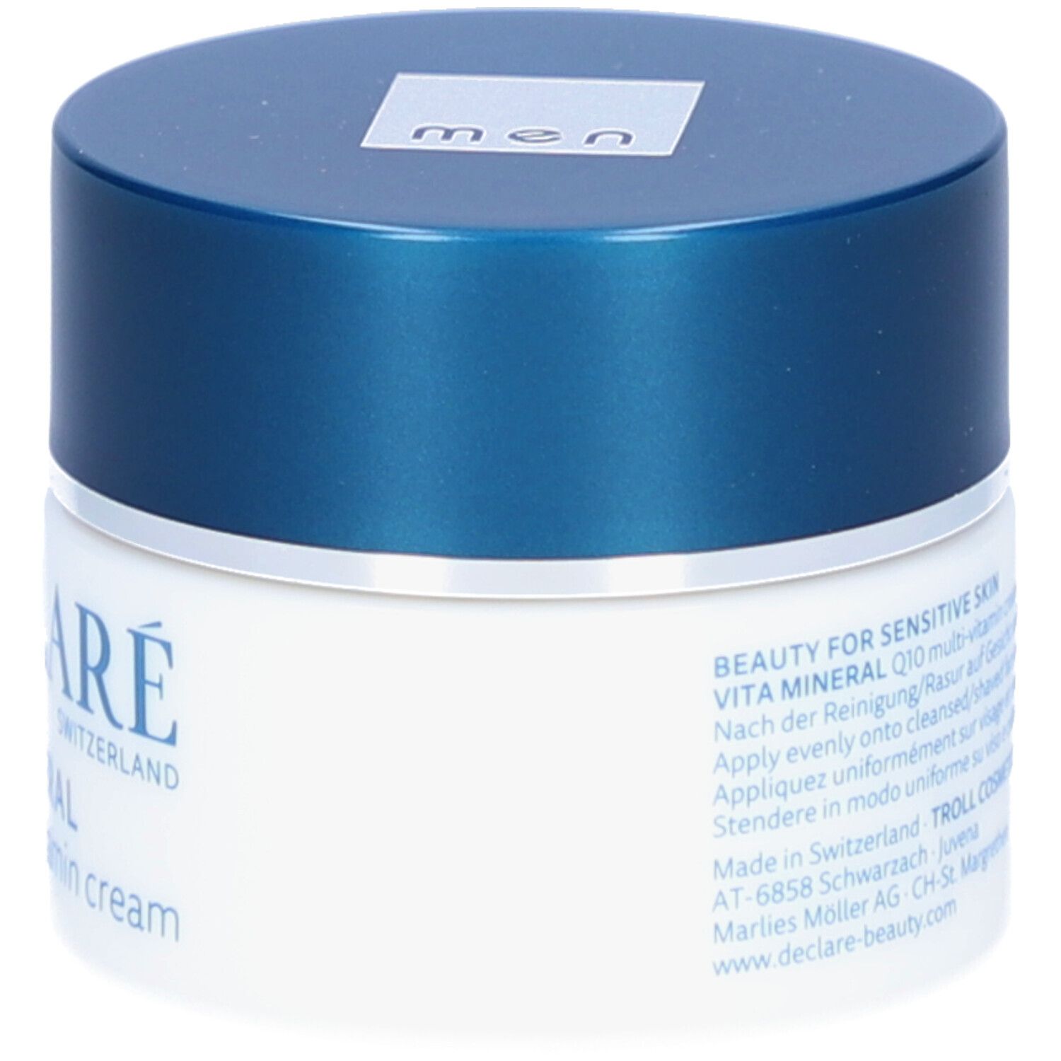 Pot de crème à couvercle bleu. Inscription : DECLARÉ, Vita Mineral Q10 multi-vitamin cream.