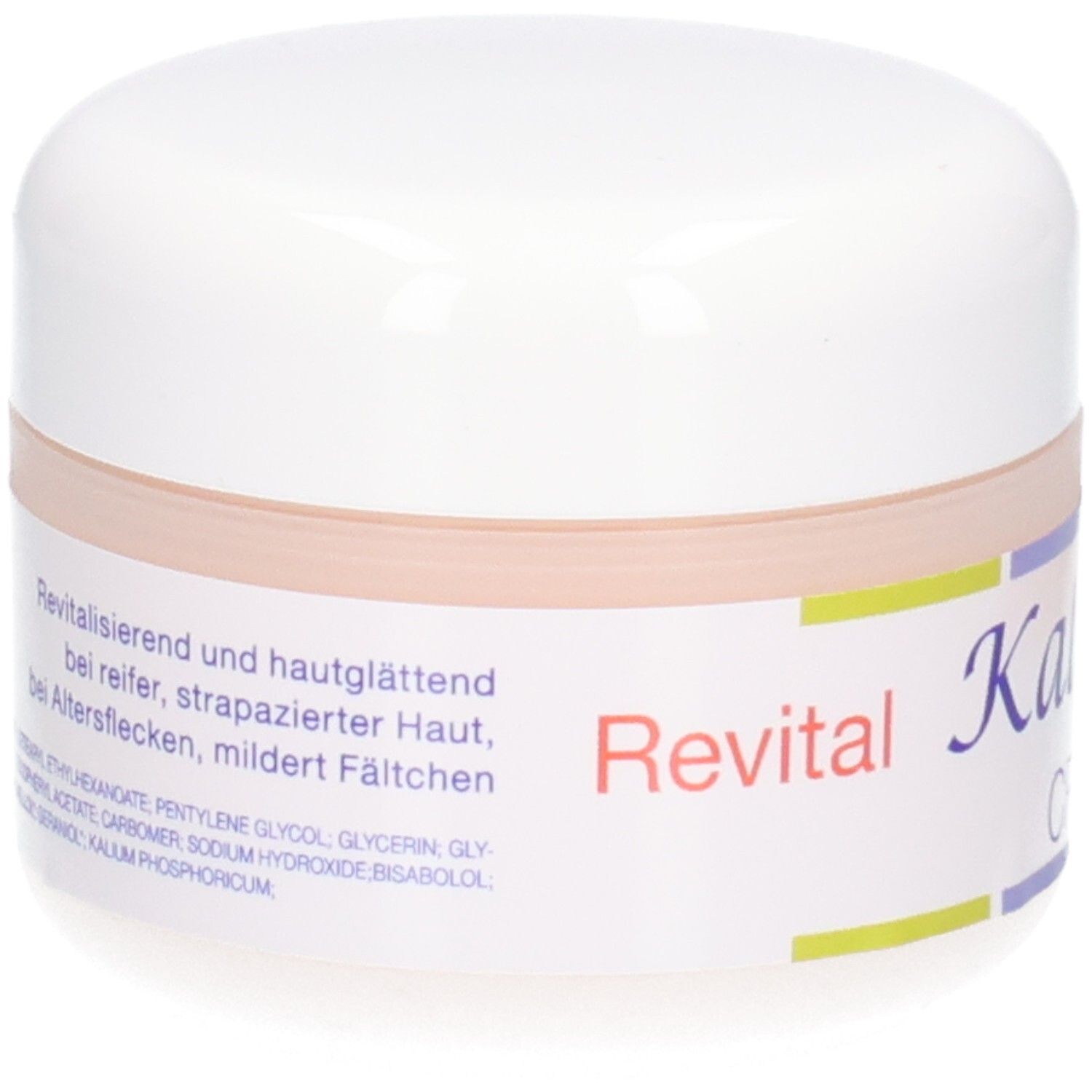 KALYANA Creme Revital Ds 50 ml, Rückseite mit Inhaltsstoffen.