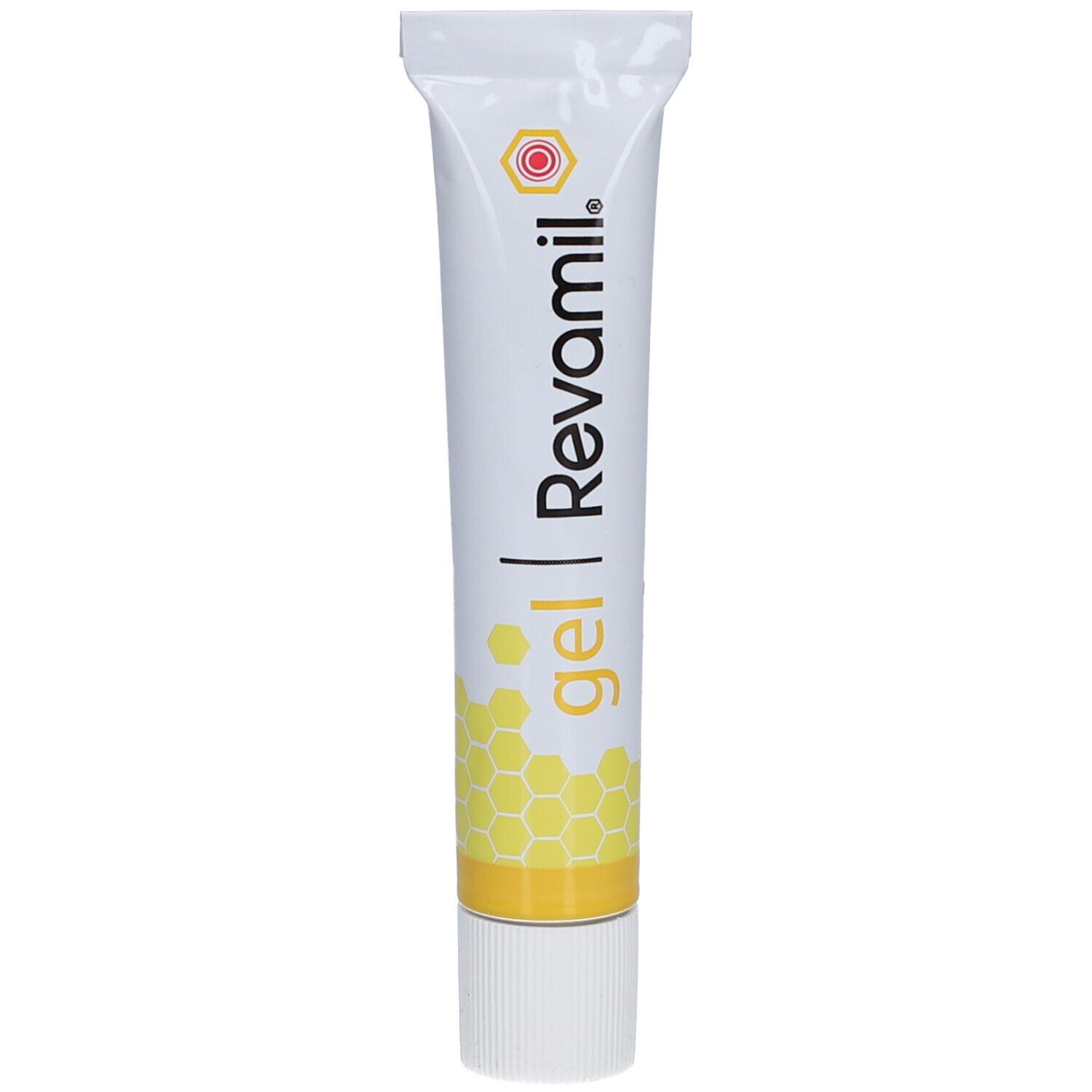 Tube mit gelbem Gel. Aufschrift: gel | Revamil. Gelbe Bienenwabenmusterung.