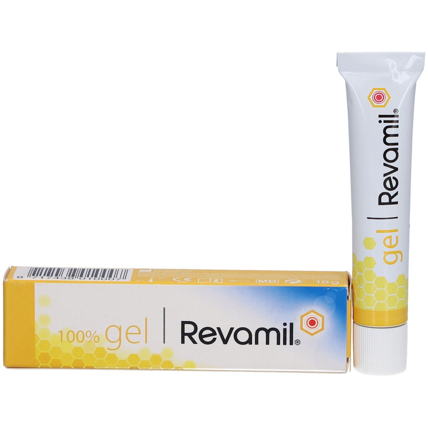 Tube und Schachtel. Aufschrift: 100% gel | Revamil. Gelbe Bienenwabenmusterung.