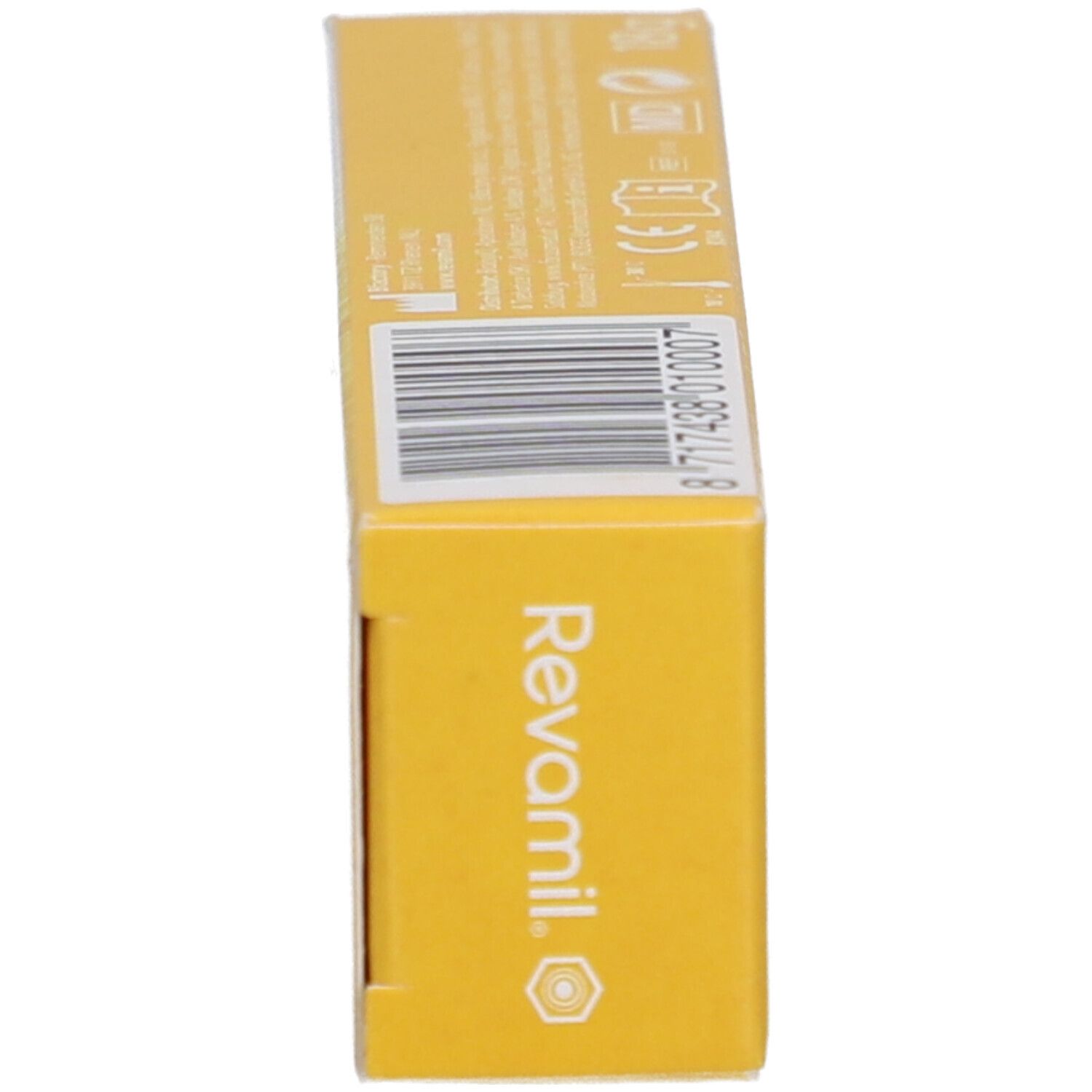 Schachtel, Seitenansicht. Aufschrift: Revamil. Barcode und weitere Informationen.